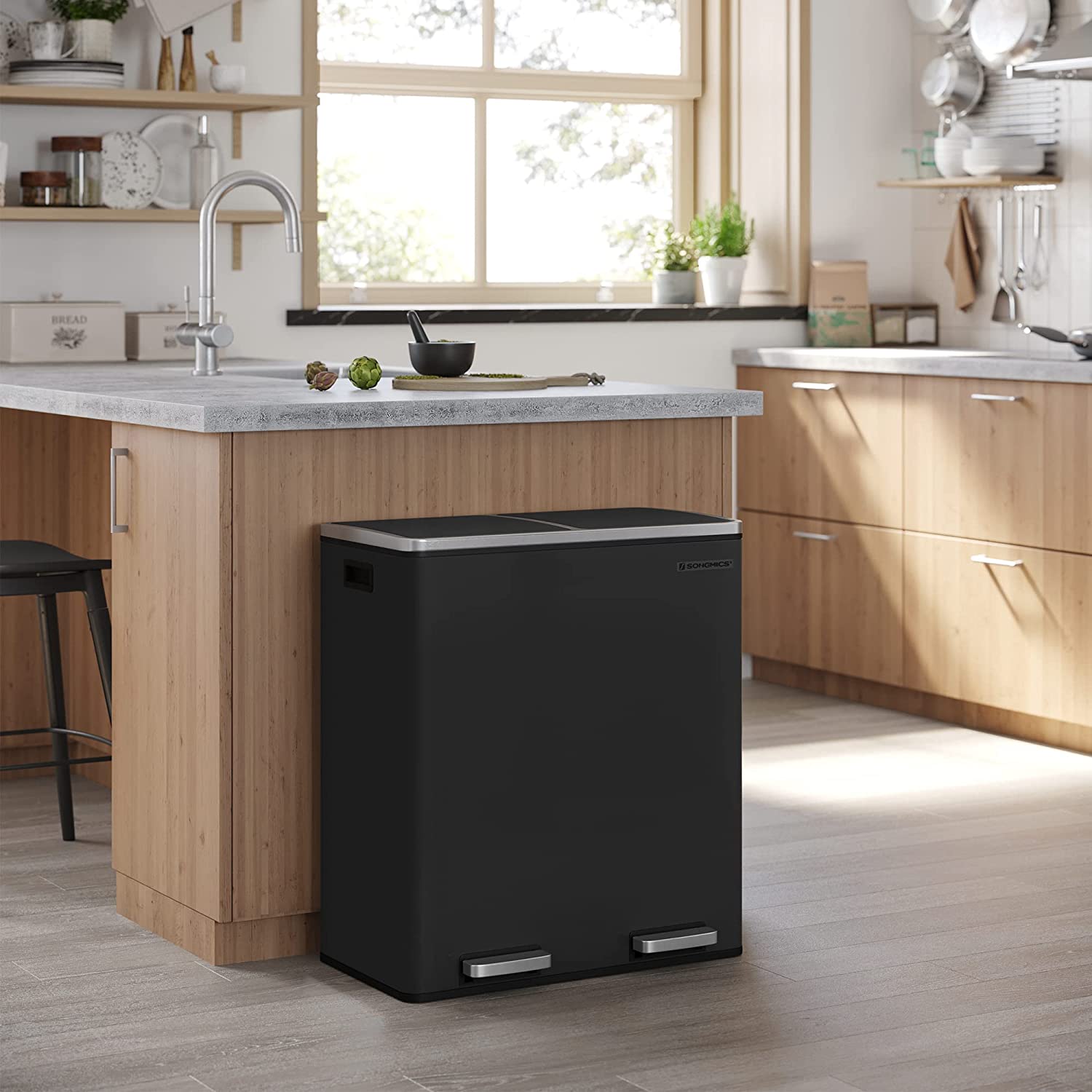 Airless metalna pedala dupla kanta za smeće, 2 x 30L, sa 15 vreća za smeće, crna | SONGMICS-vitahome.hr