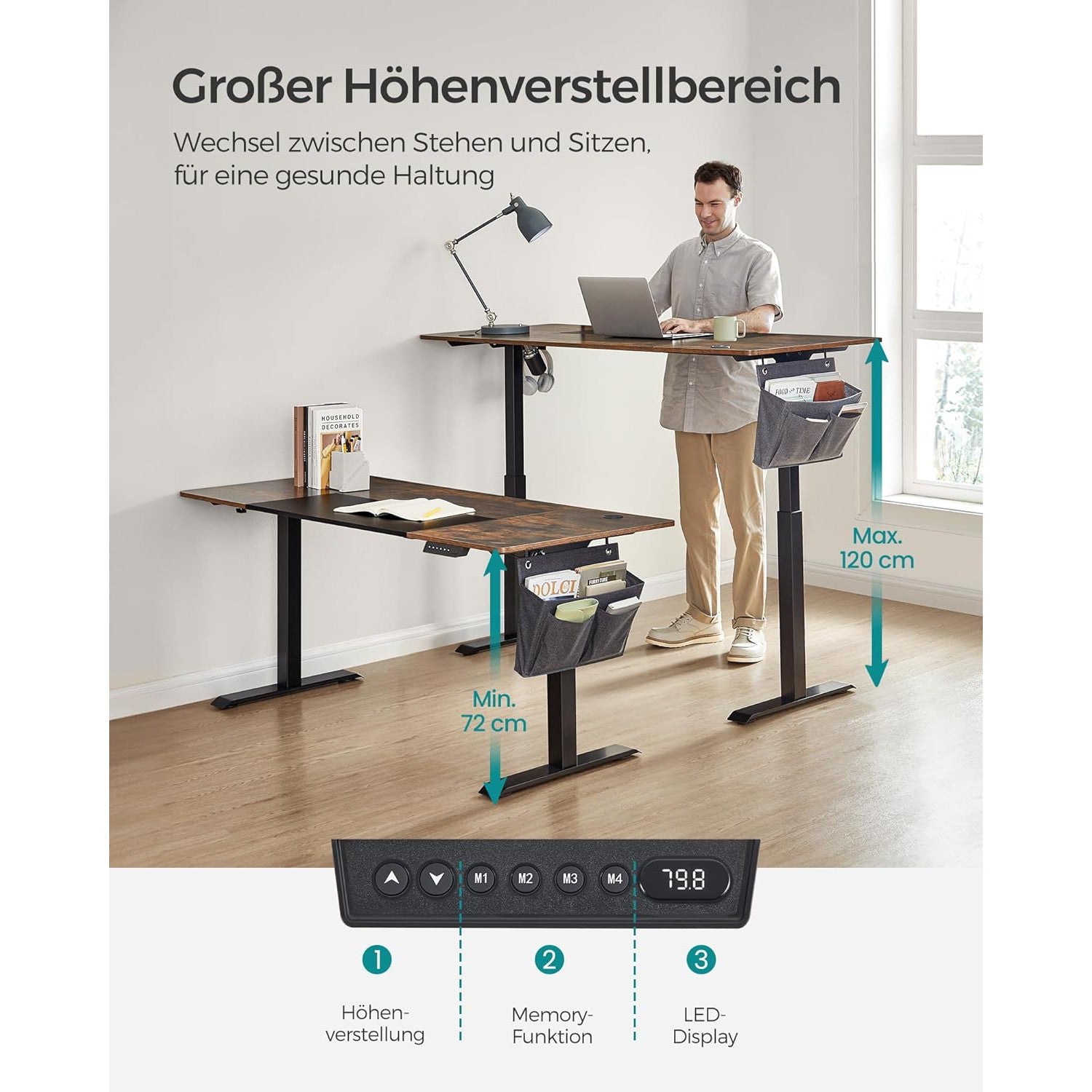 Állítható Magasságú Íróasztal, 70 x 160 x (72-120) cm, vintage barna-fekete-SONGMICS-Vita Home