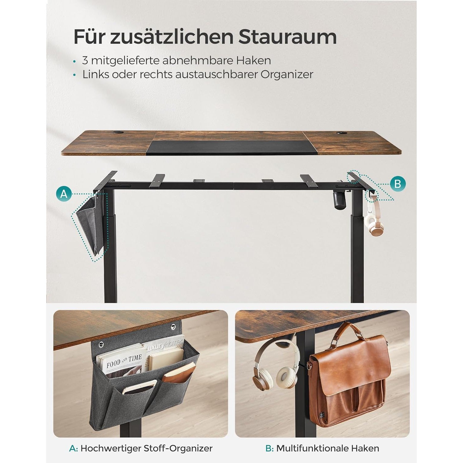 Állítható Magasságú Íróasztal, 70 x 160 x (72-120) cm, vintage barna-fekete-SONGMICS-Vita Home