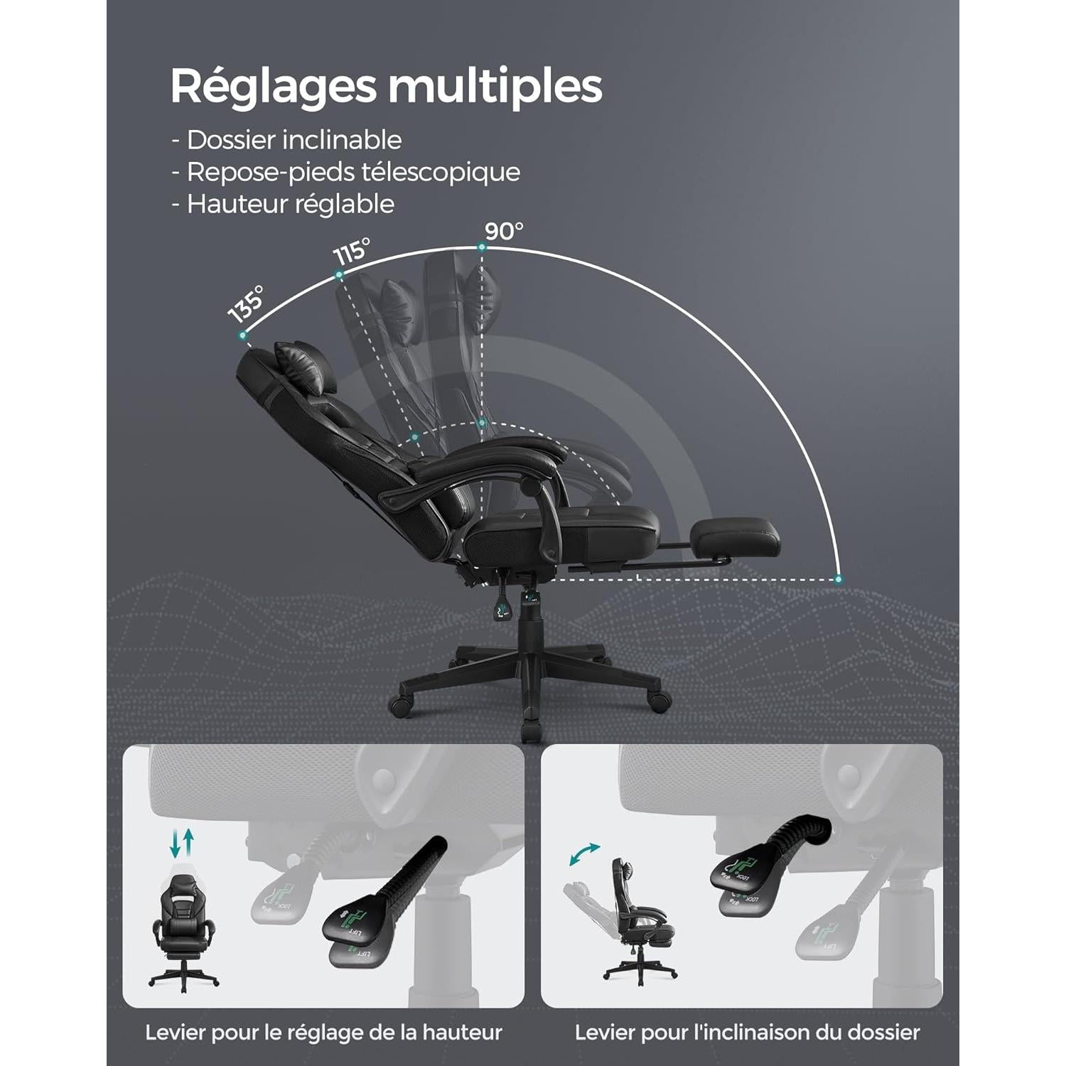 Állítható magasságú irodai szék, kihúzható lábtartóval, fekete-SONGMICS-Vita Home