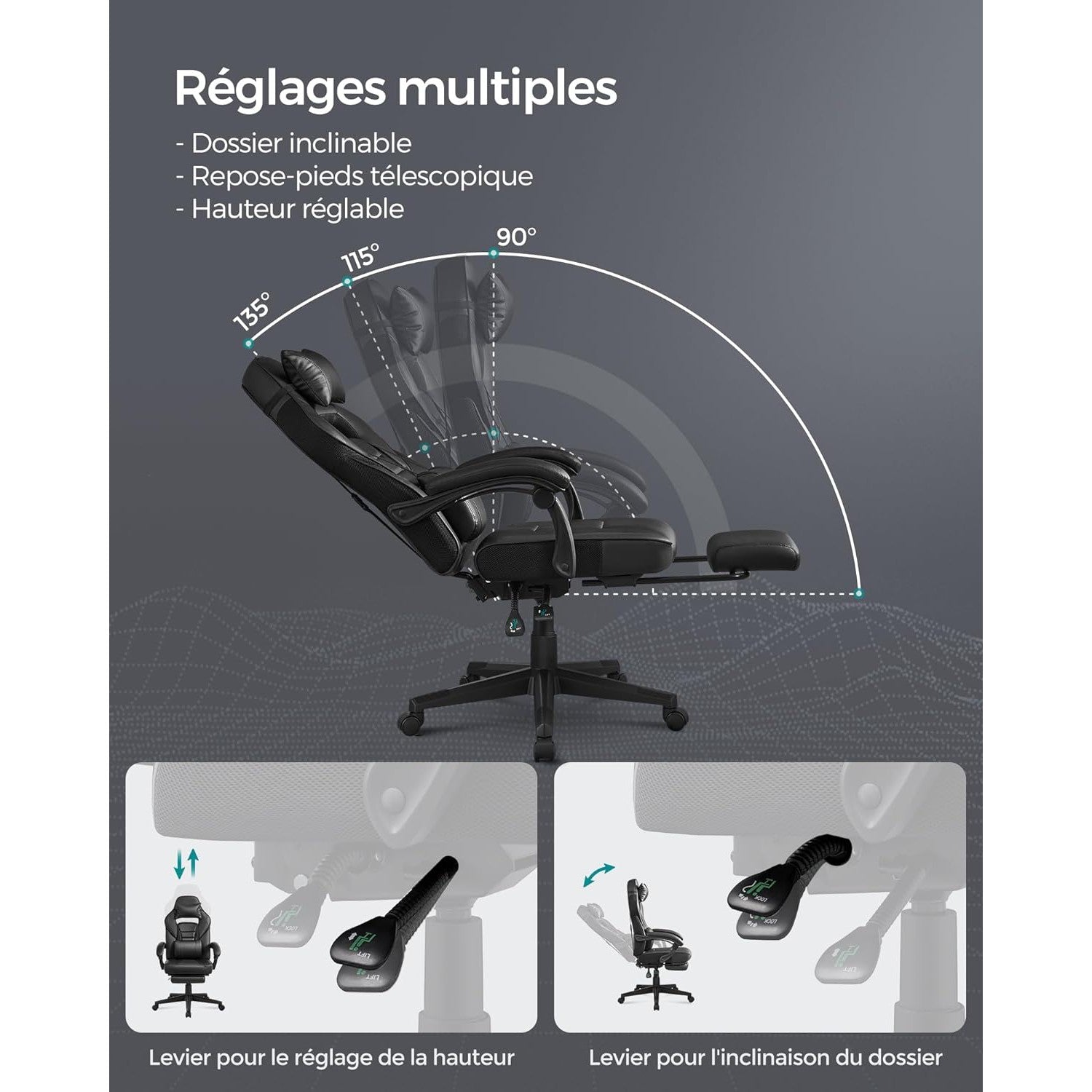 Állítható magasságú irodai szék, kihúzható lábtartóval, fekete-SONGMICS-Vita Home