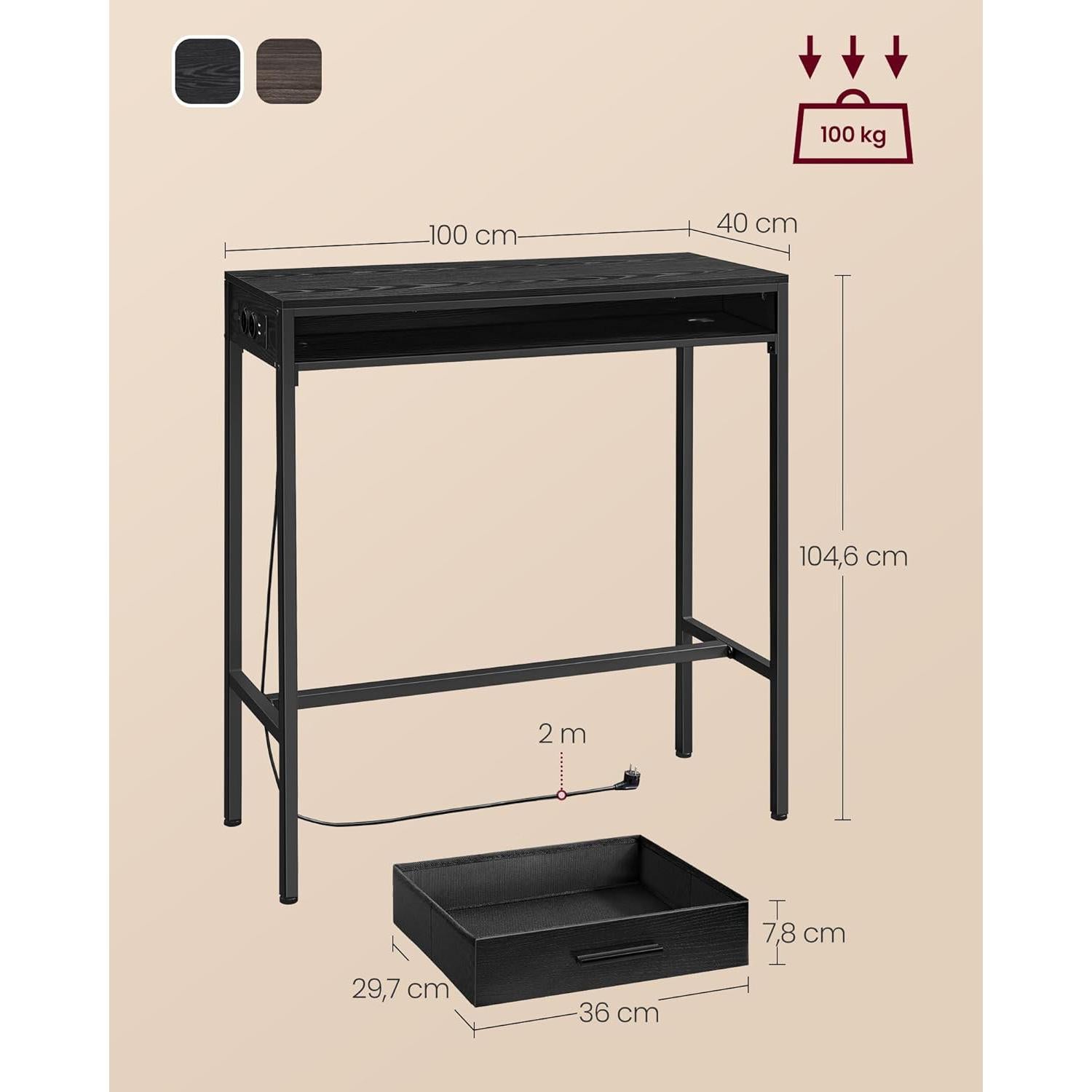 Bar stol s utičnicom za punjenje i ladicom, 40 x 100 x 104,6 cm, crni | VASAGLE-vitahome.hr