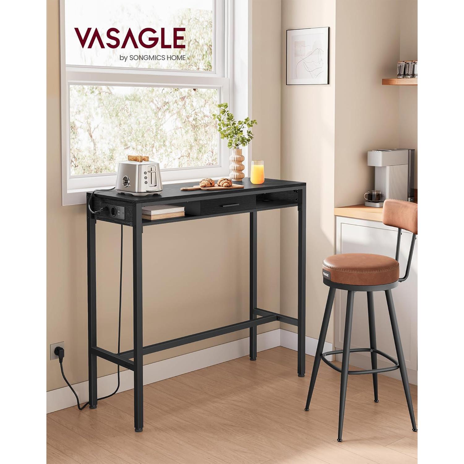 Bar stol s utičnicom za punjenje i ladicom, 40 x 100 x 104,6 cm, crni | VASAGLE-vitahome.hr