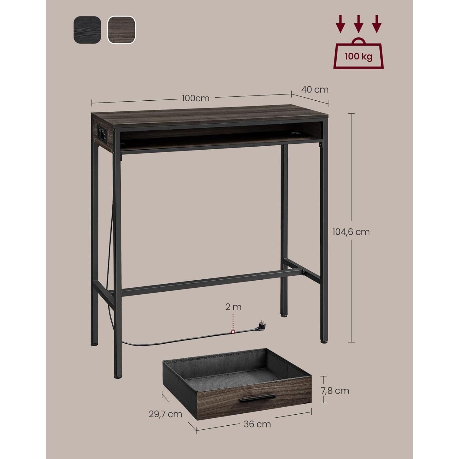 Bar stol s utičnicom za punjenje i ladicom, 40 x 100 x 104,6 cm, smeđi | VASAGLE-vitahome.hr