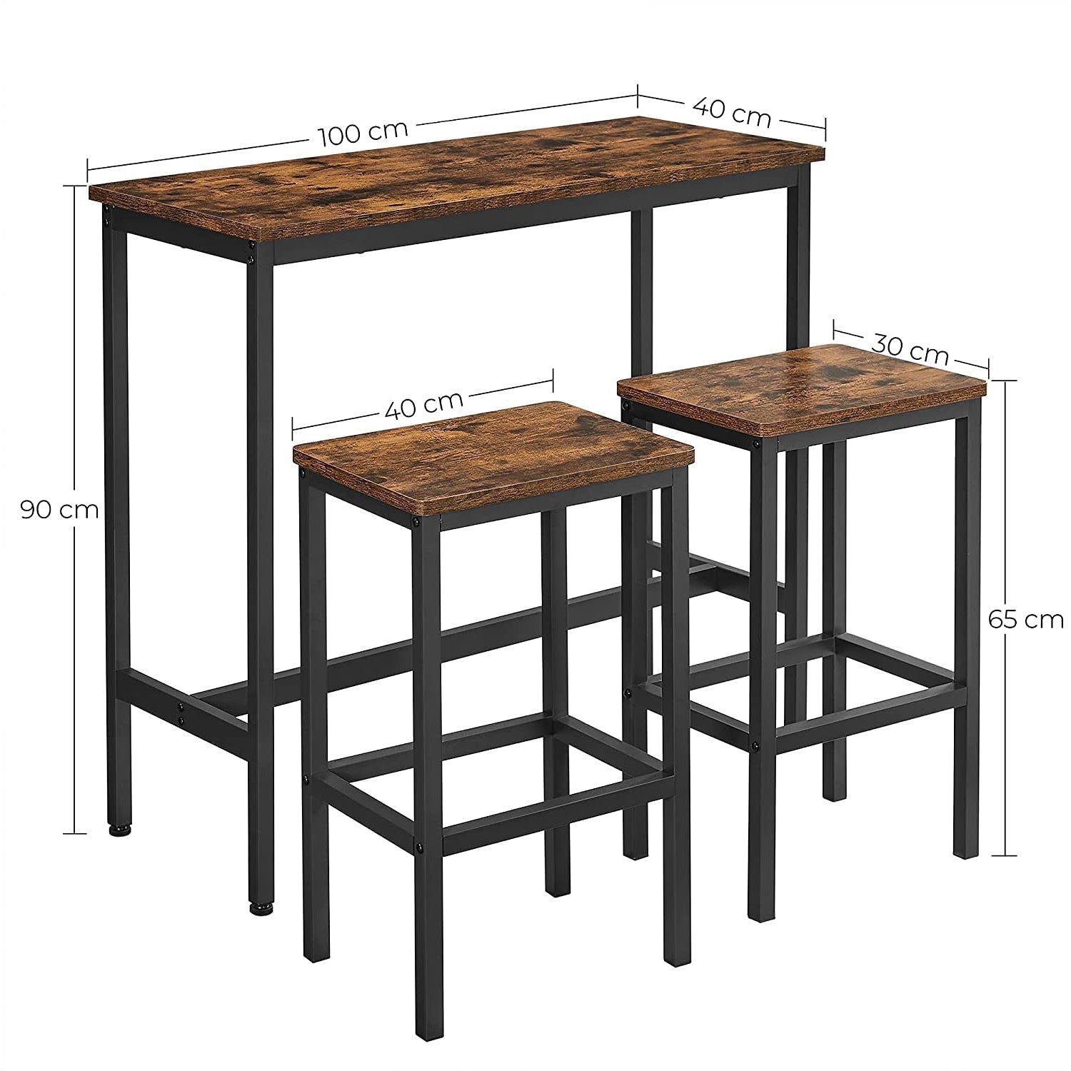 Barski stol s 2 barske stolice, 100 x 90 x 40 cm, rustikalno smeđa i crna | VASAGLE-vitahome.hr