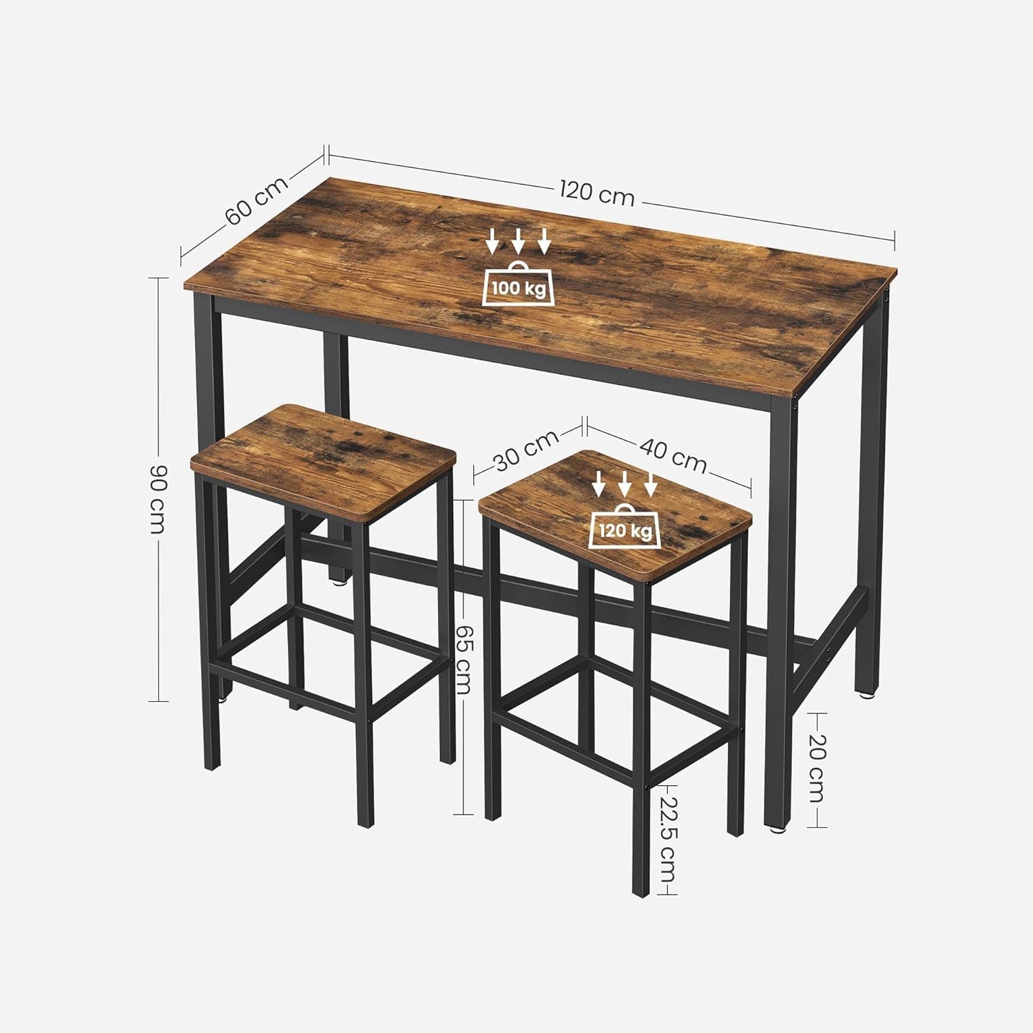 Barski stol s 2 barske stolice, 120 x 60 x 90 cm, vintage smeđa i crna | VASAGLE-vitahome.hr