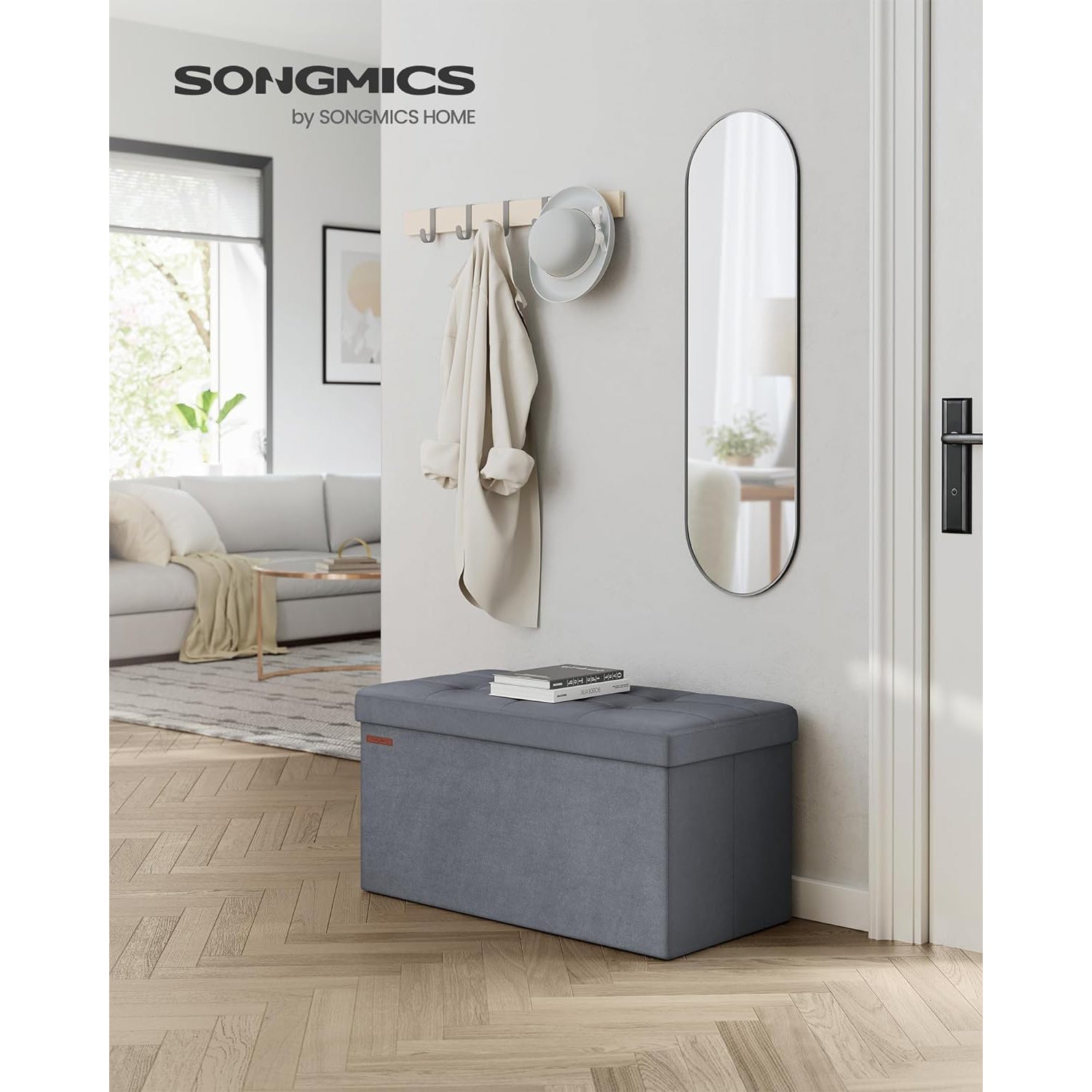 Baršunasta klupa za odlaganje s poklopcem, 38 x 76 x 38 cm, siva | SONGMICS-vitahome.hr
