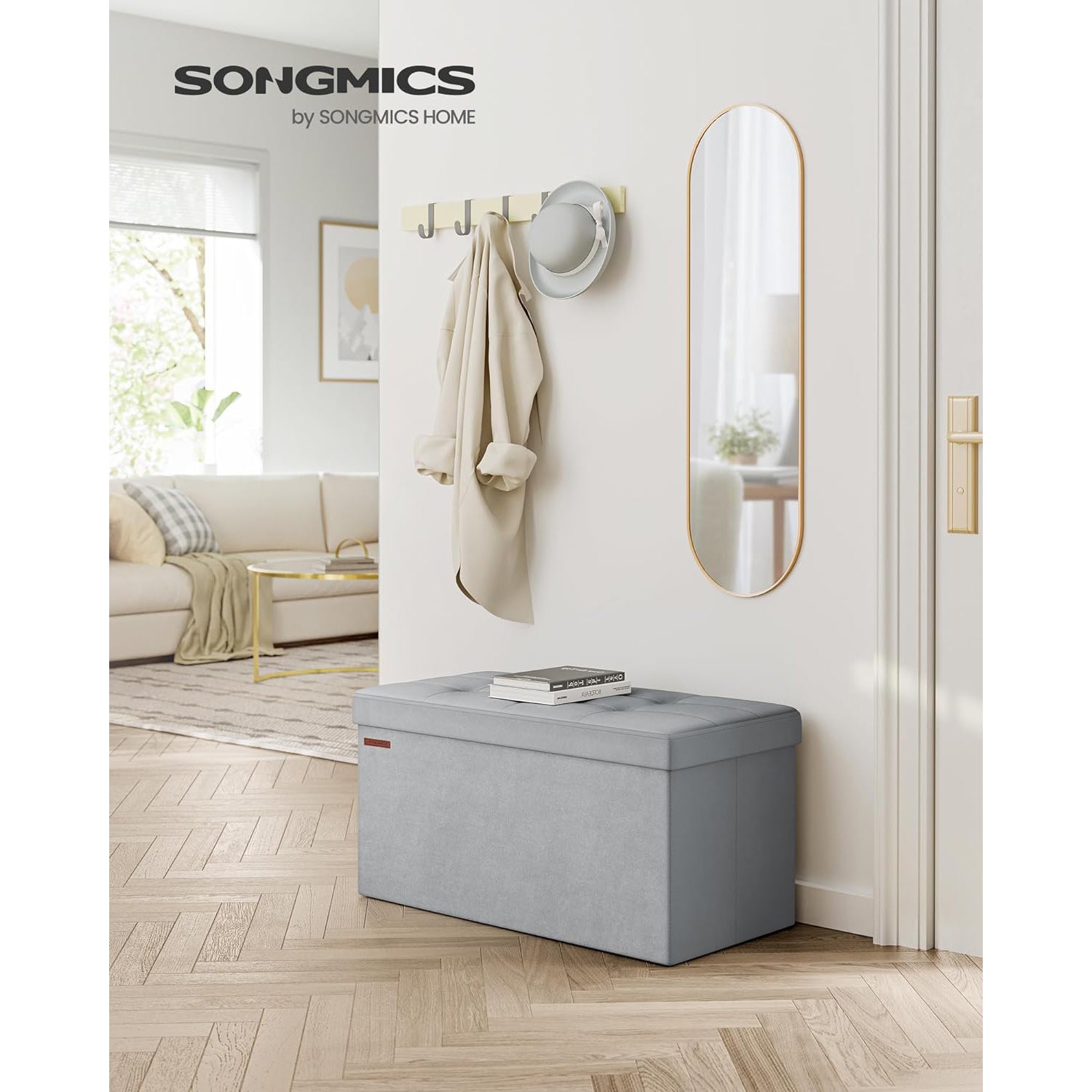 Baršunasta klupa za odlaganje s poklopcem, 38 x 76 x 38 cm, svijetlo siva | SONGMICS-vitahome.hr