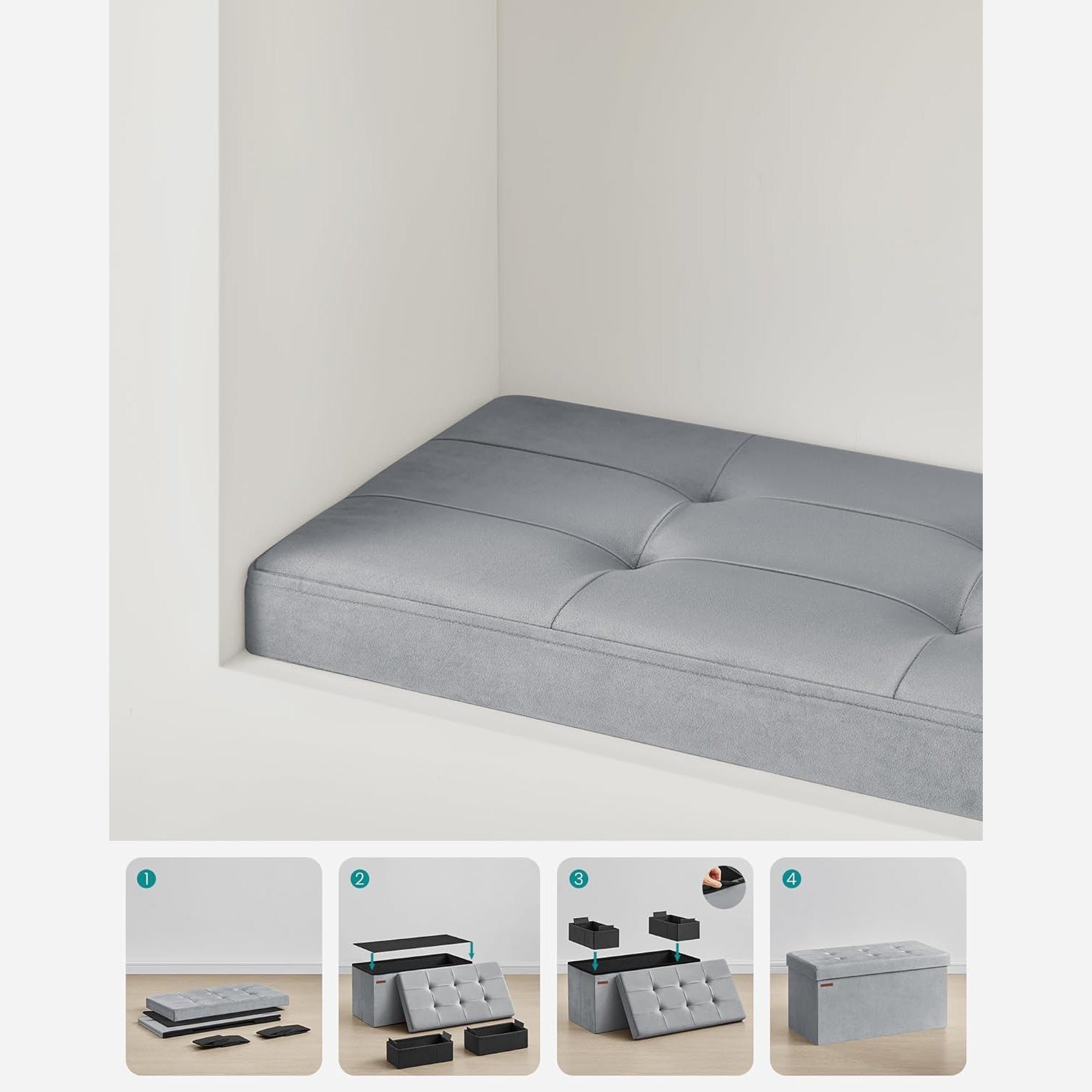 Baršunasta klupa za odlaganje s poklopcem, 38 x 76 x 38 cm, svijetlo siva | SONGMICS-vitahome.hr