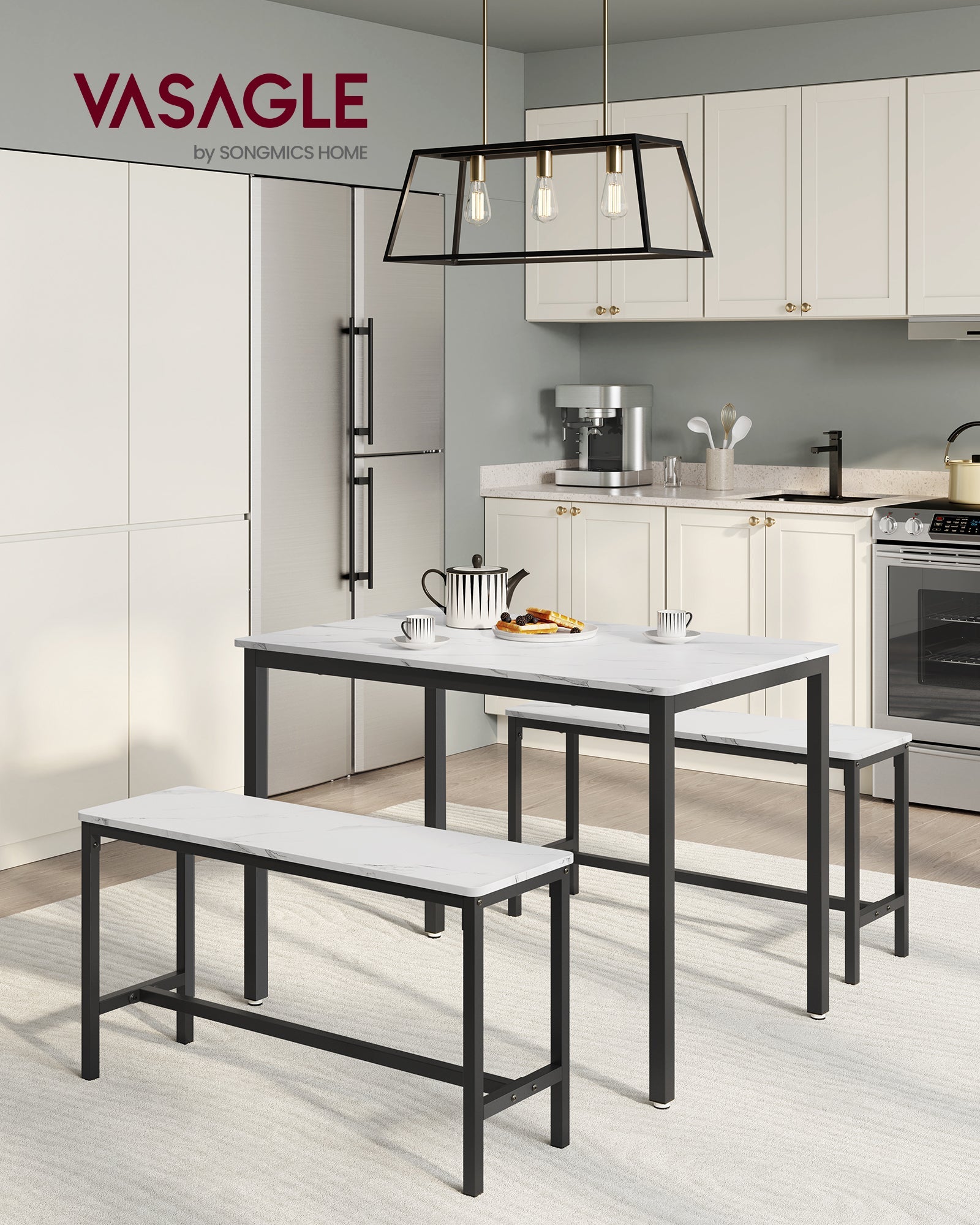 Blagovaonski stol s 2 klupe, set za 4 osobe, bijeli mramor i crna boja | VASAGLE-VASAGLE-Vita Home