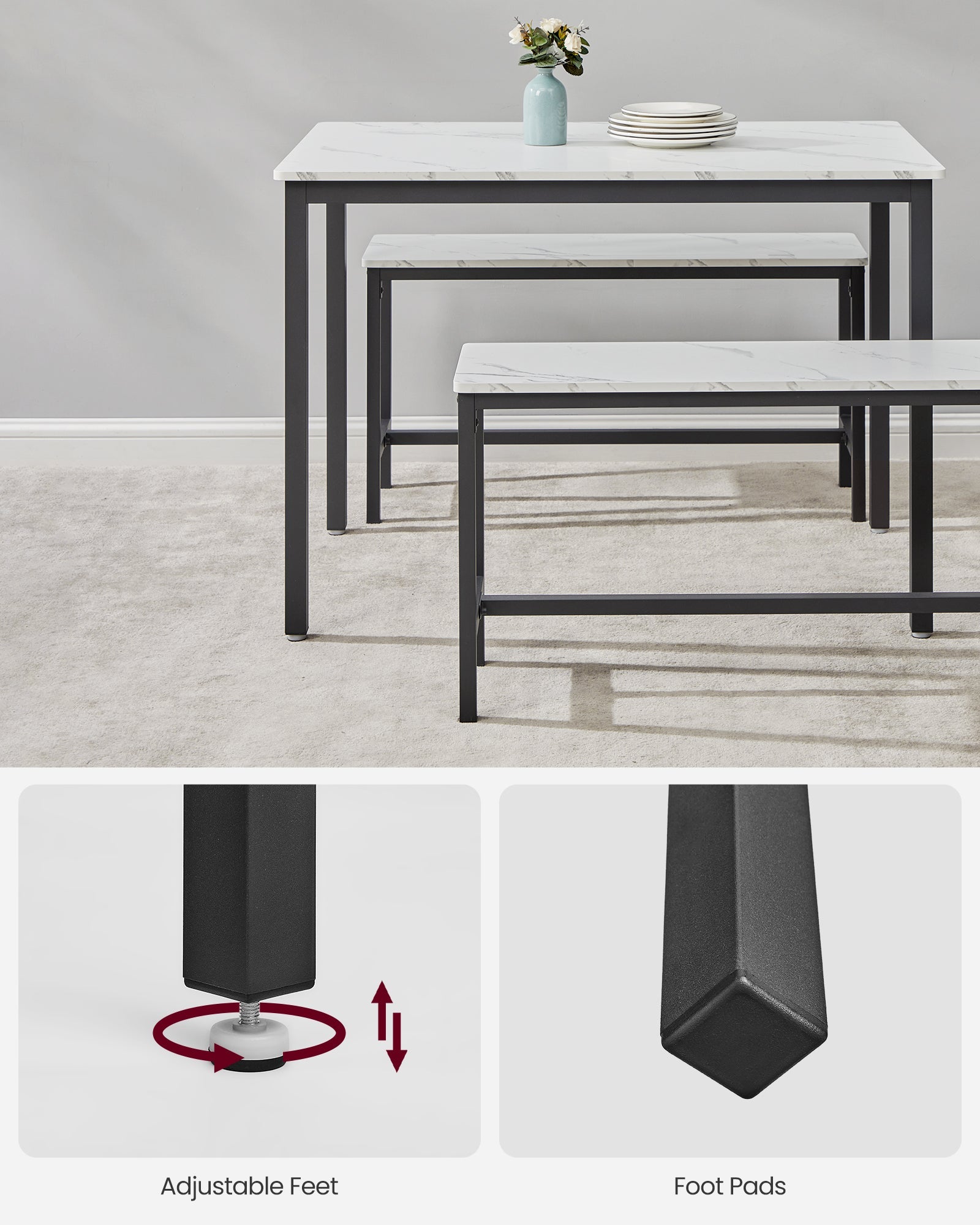 Blagovaonski stol s 2 klupe, set za 4 osobe, bijeli mramor i crna boja | VASAGLE-VASAGLE-Vita Home