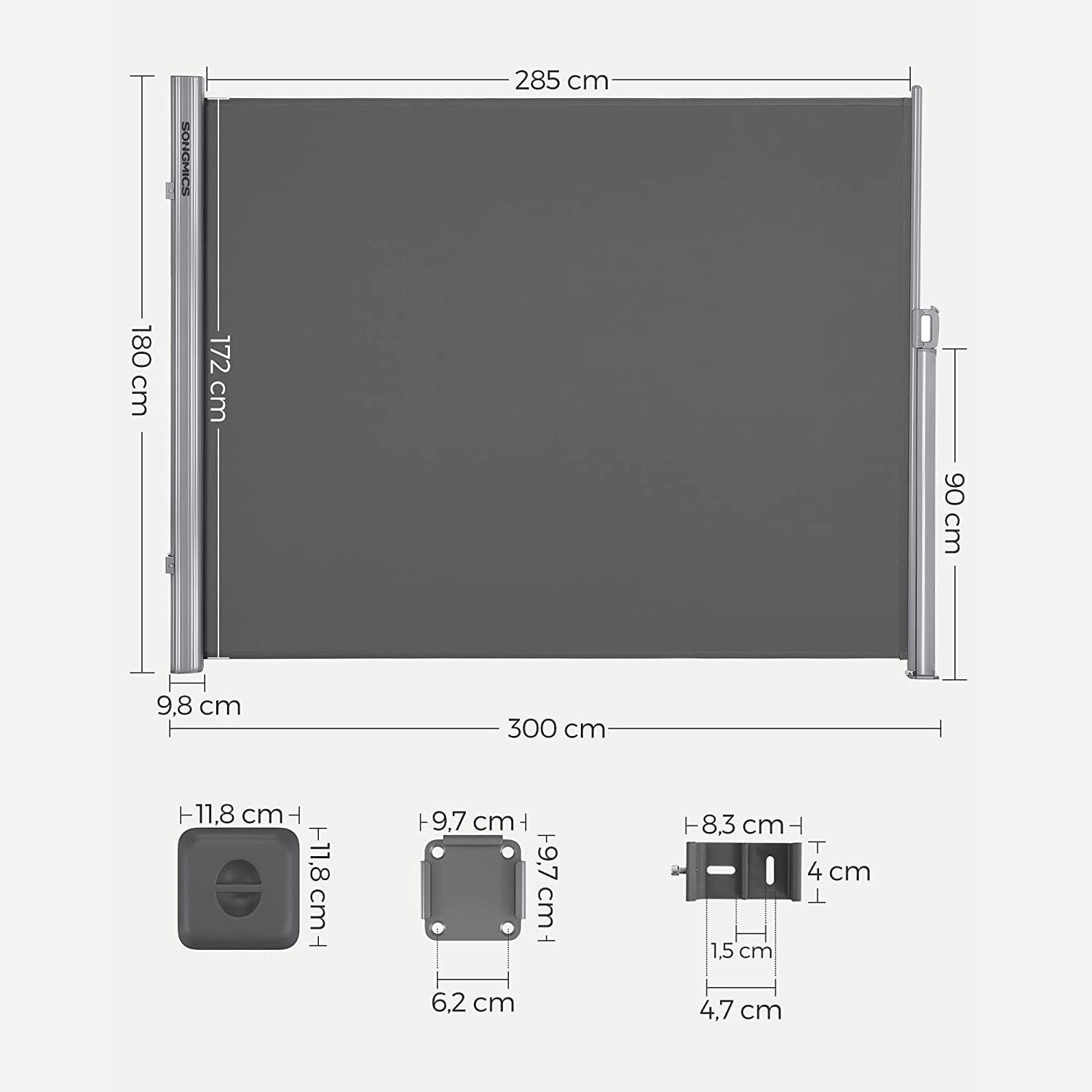 Bočna tenda, na razvlačenje, 180 x 300 cm antracit siva | SONGMICS-vitahome.hr