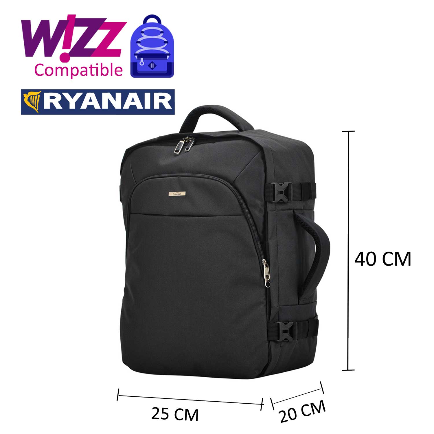 Bontour Air putni ruksak, WizzAir/Ryanair veličine 40x20x25cm, crni | BONTOUR-vitahome.hr