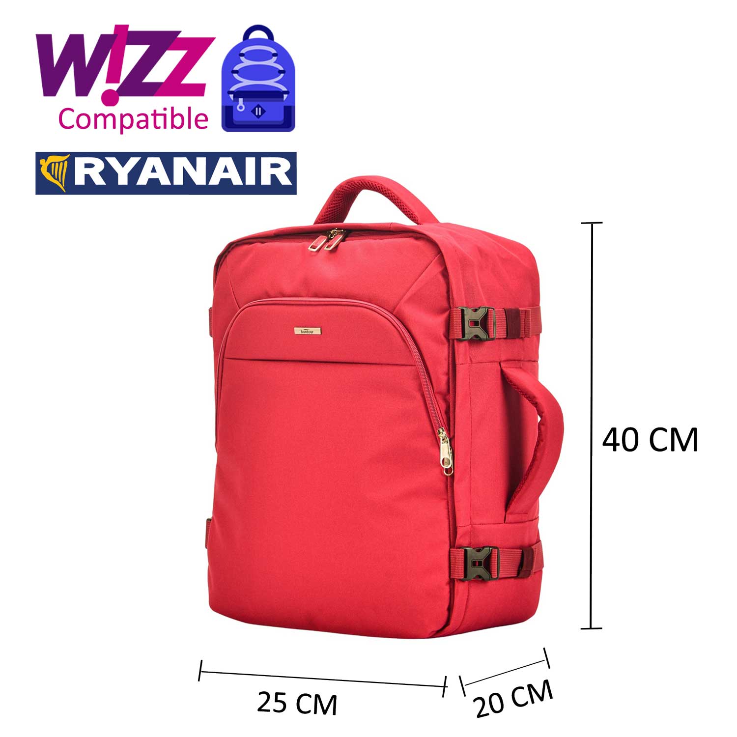 Bontour Air putni ruksak, WizzAir/Ryanair veličine 40x20x25cm, crveni | BONTOUR-vitahome.hr