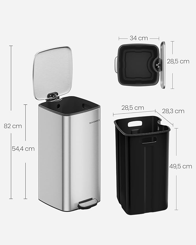 Čelična kanta za smeće s pedalom od 30 litara i unutarnjom kantom, metalik srebrna