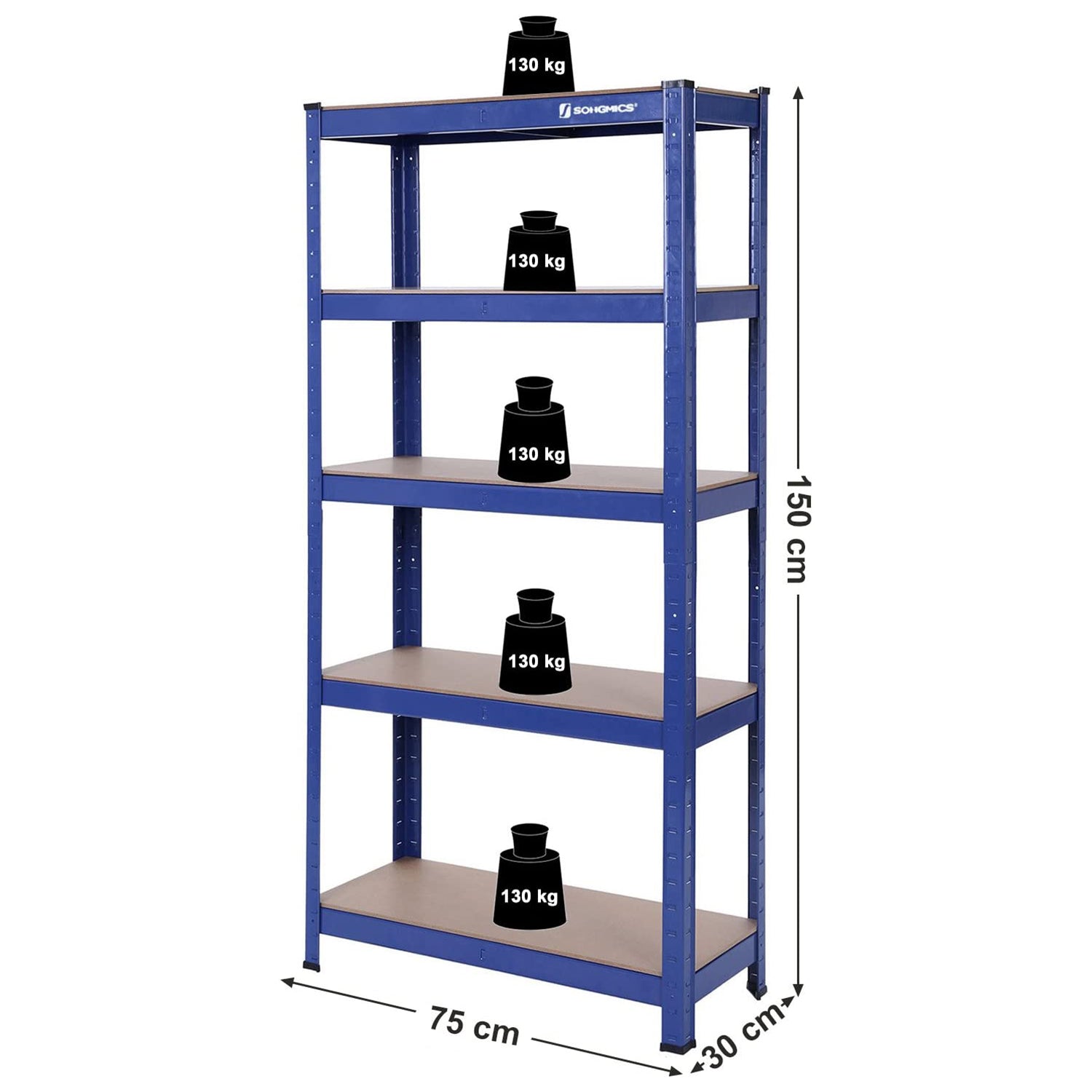 Čelični regal na 5 razina, nosivosti do 650 kg, 30 x 75 x 150 cm, plavi | SONGMICS-vitahome.hr