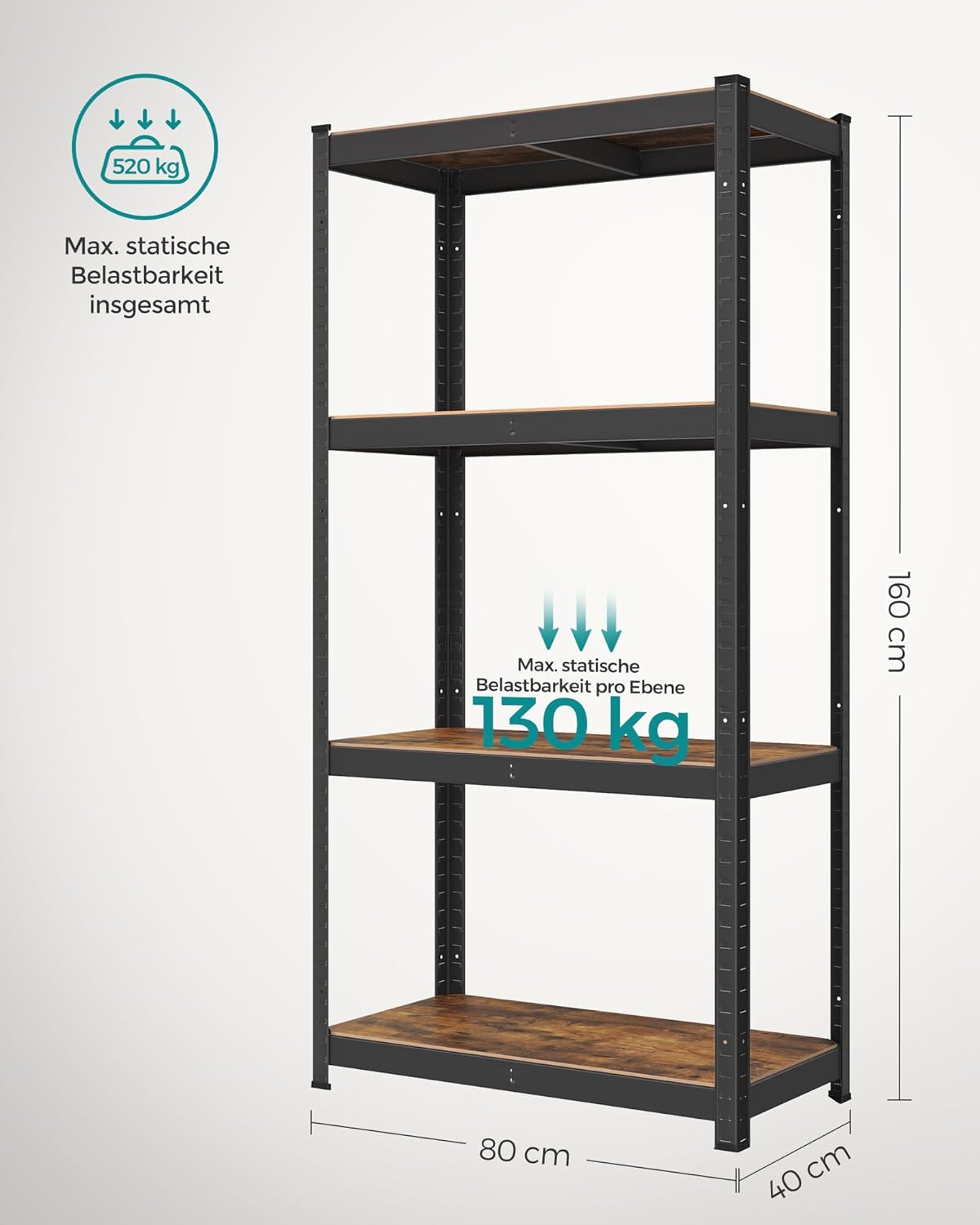 Čelični regal nosivosti 520kg, 40 x 80 x 160 cm, rustikalno smeđa i crna | SONGMICS-SONGMICS-Vita Home