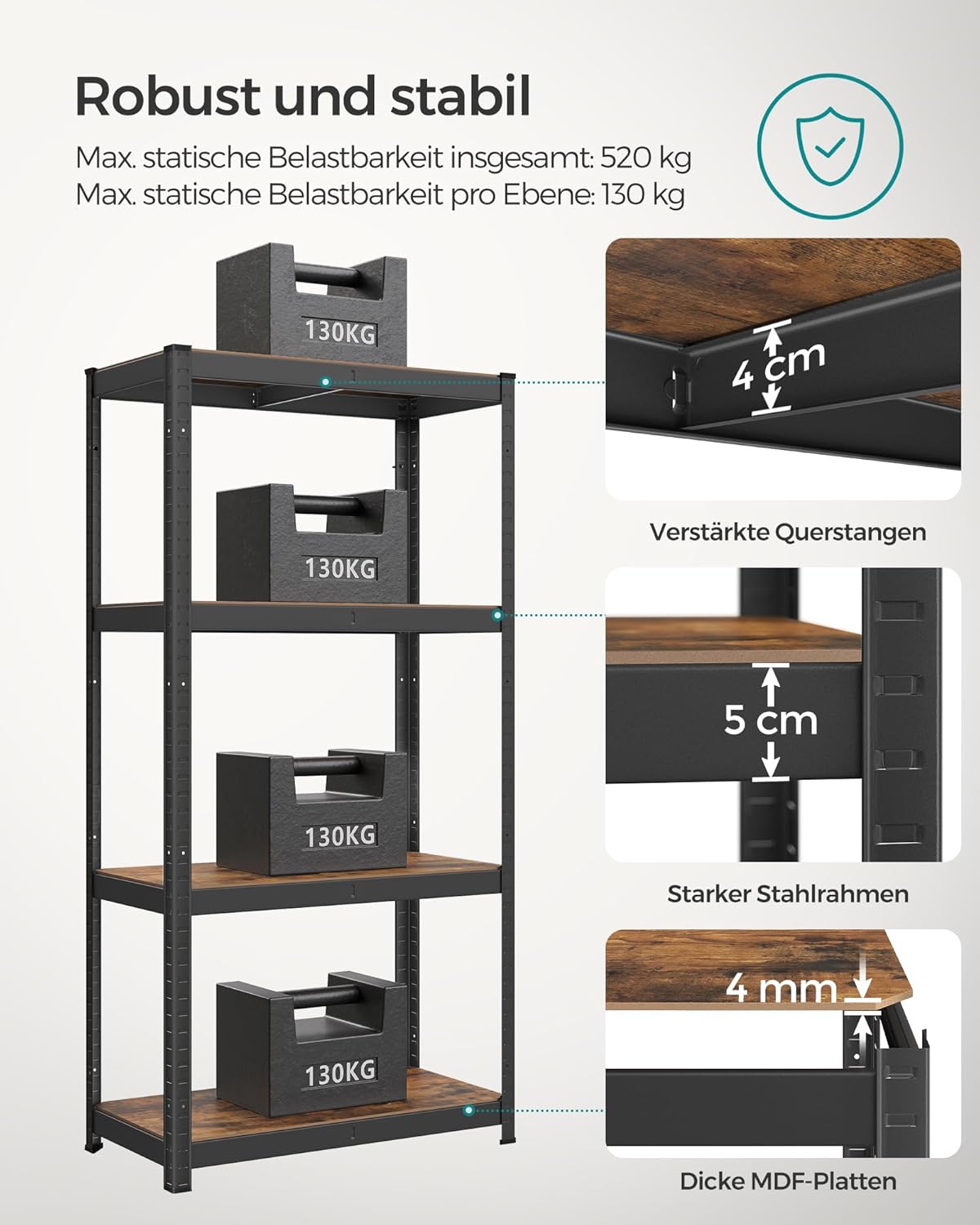 Čelični regal nosivosti 520kg, 40 x 80 x 160 cm, rustikalno smeđa i crna | SONGMICS-SONGMICS-Vita Home
