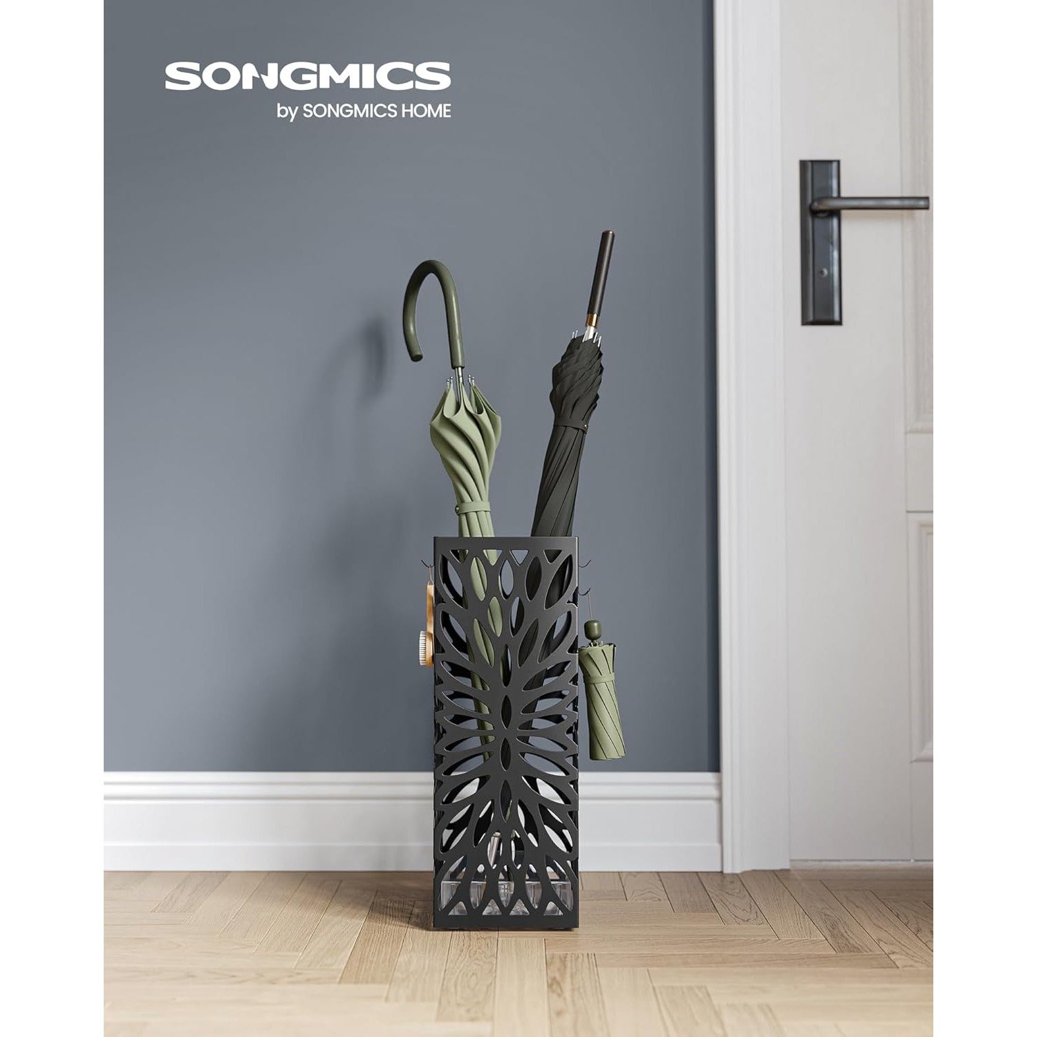 Čelični stalak za kišobrane s odvojivom posudom za kapljice i kukama, crni | SONGMICS-vitahome.hr