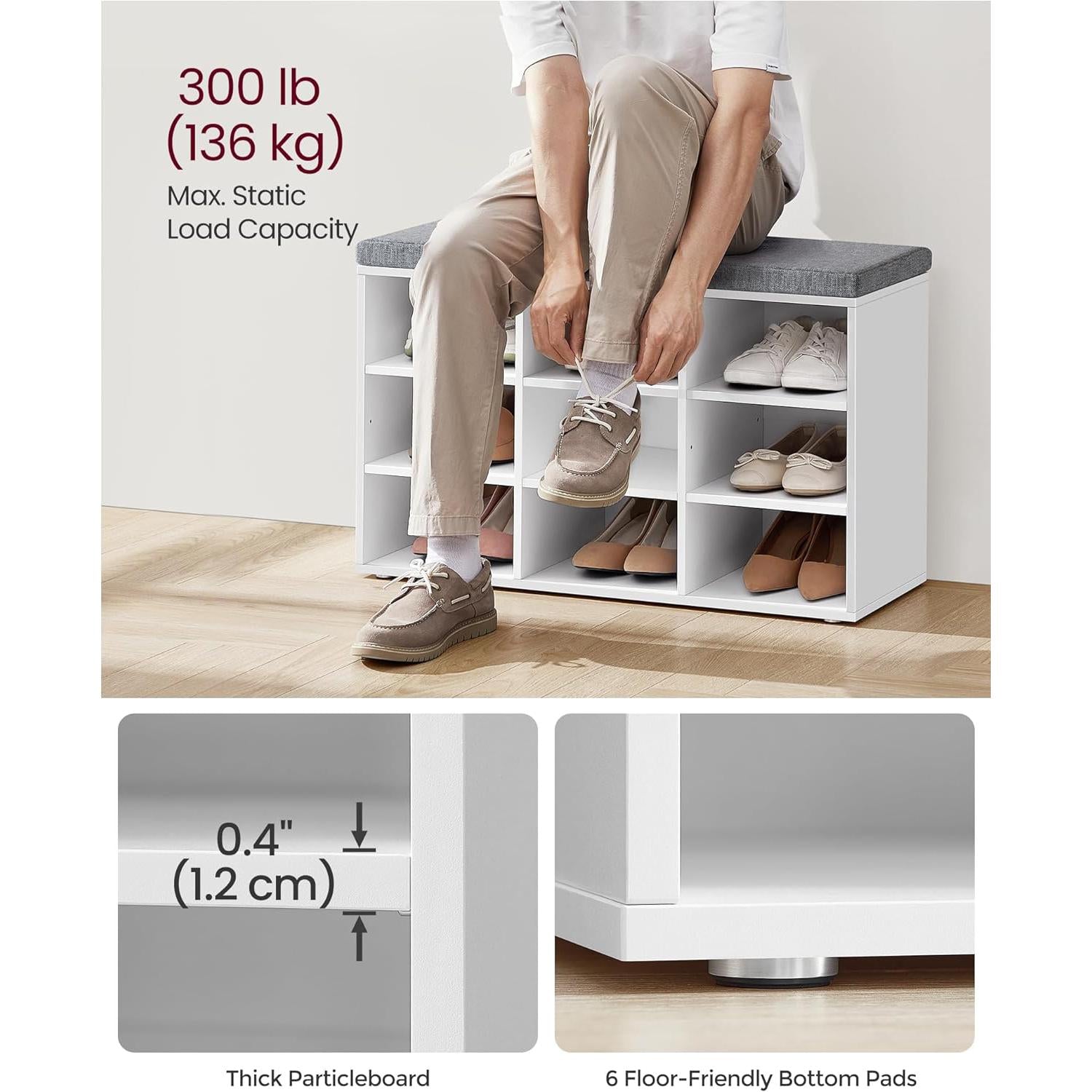 Cipőpad, Tárolópad párnázott üléssel, 9 rekesszel, fehér-VASAGLE-Vita Home