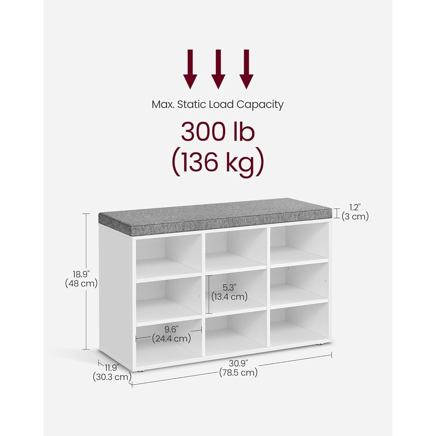 Cipőpad, Tárolópad párnázott üléssel, 9 rekesszel, fehér-VASAGLE-Vita Home