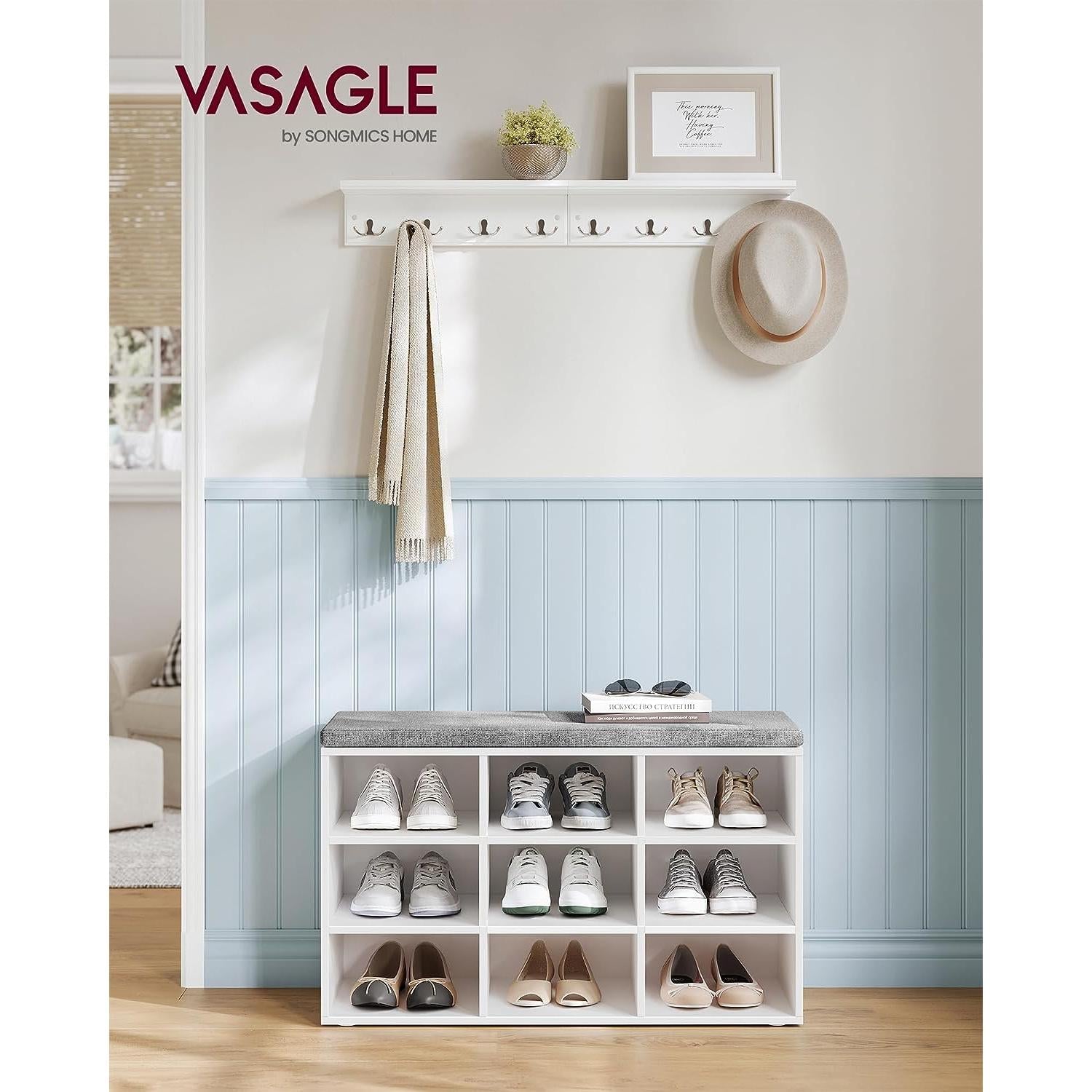 Cipőpad, Tárolópad párnázott üléssel, 9 rekesszel, fehér-VASAGLE-Vita Home