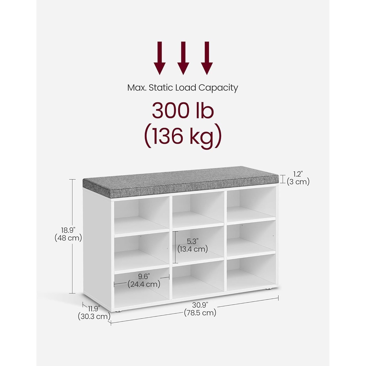Cipőpad, Tárolópad párnázott üléssel, 9 rekesszel, fehér-VASAGLE-Vita Home