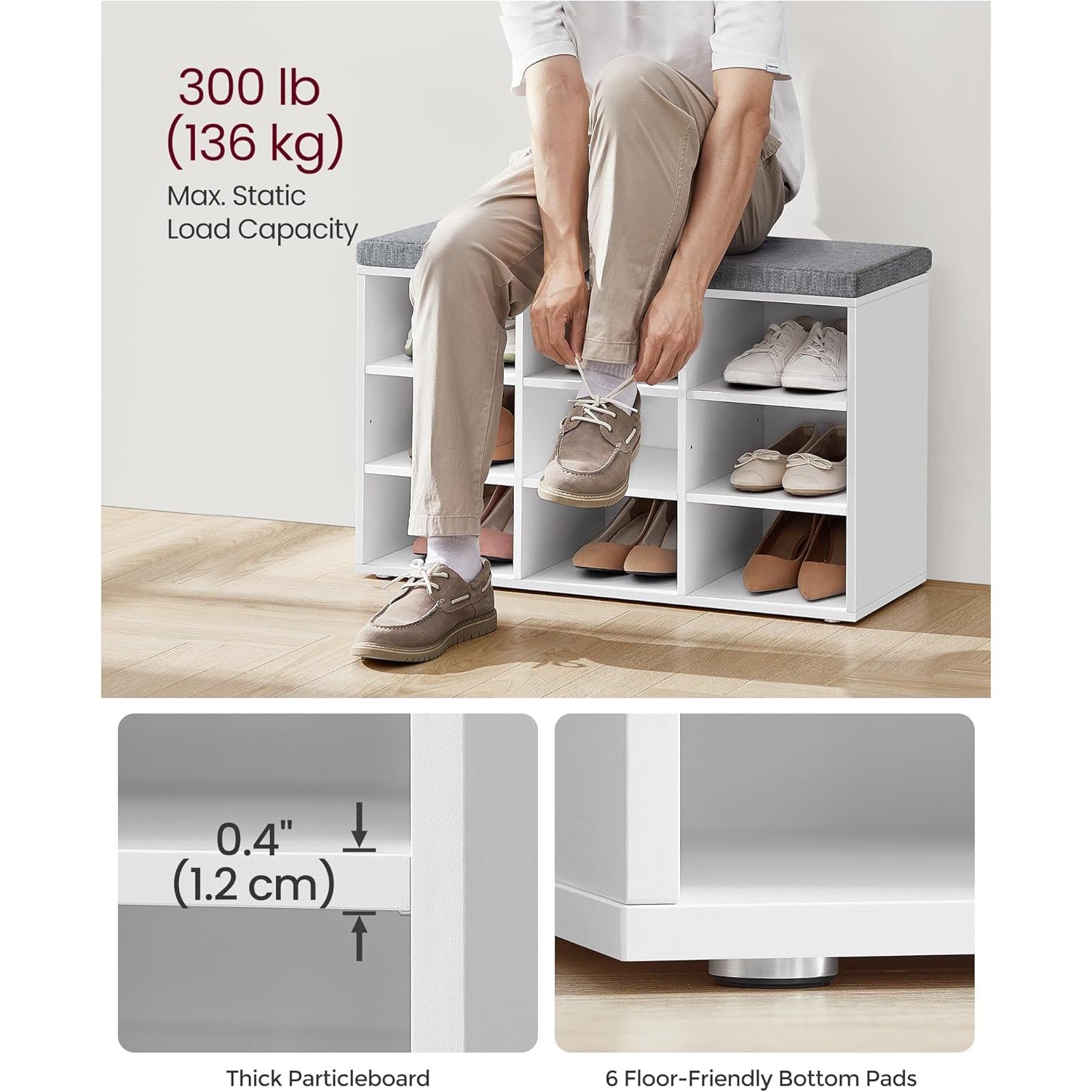 Cipőpad, Tárolópad párnázott üléssel, 9 rekesszel, fehér-VASAGLE-Vita Home