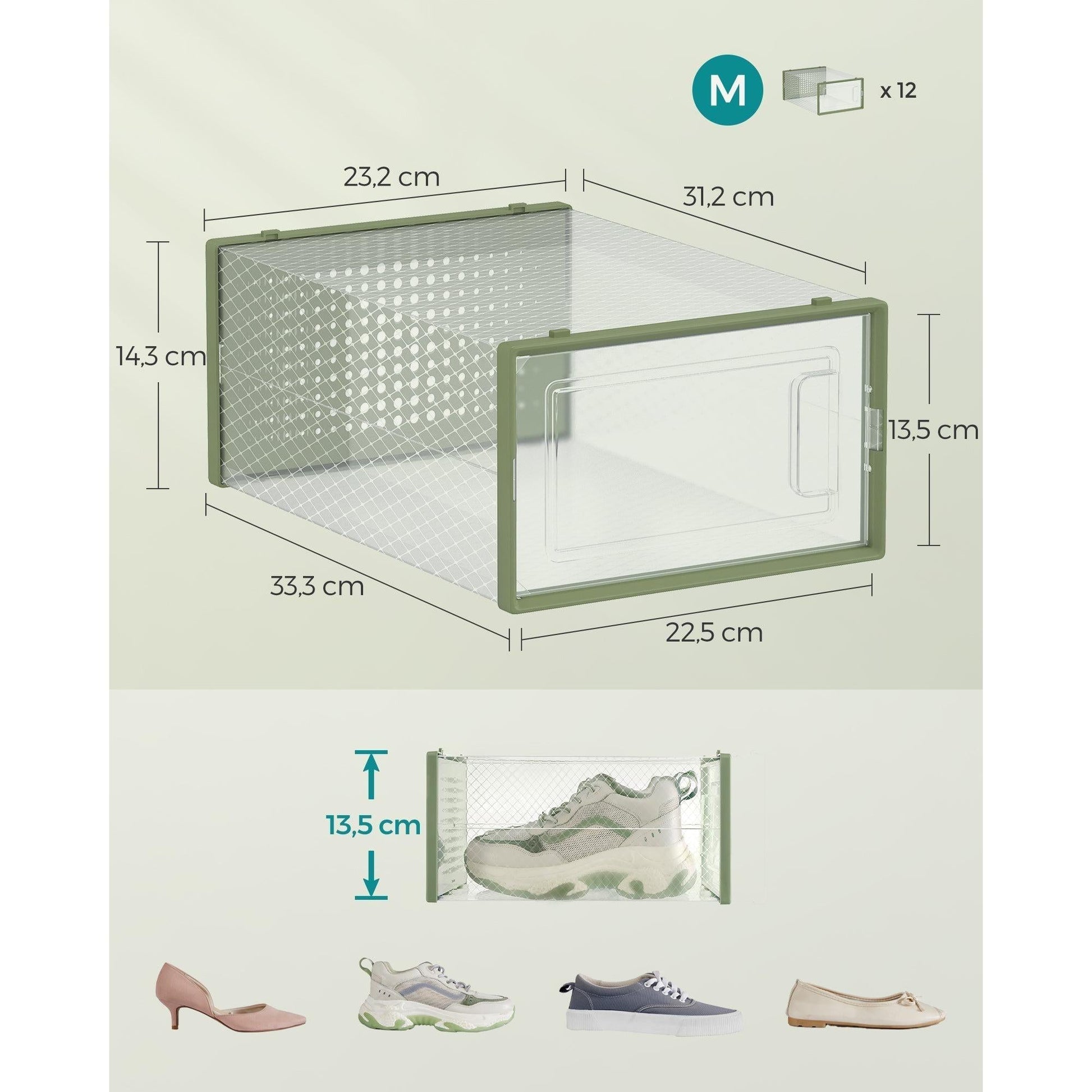 cipősdobozok 12 darabos, egymásra rakható cipőtároló dobozok, babérzöld-SONGMICS-Vita Home