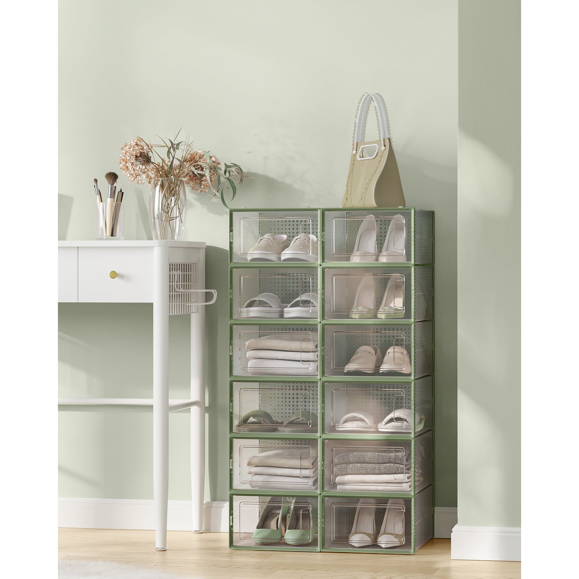 cipősdobozok 12 darabos, egymásra rakható cipőtároló dobozok, babérzöld-SONGMICS-Vita Home