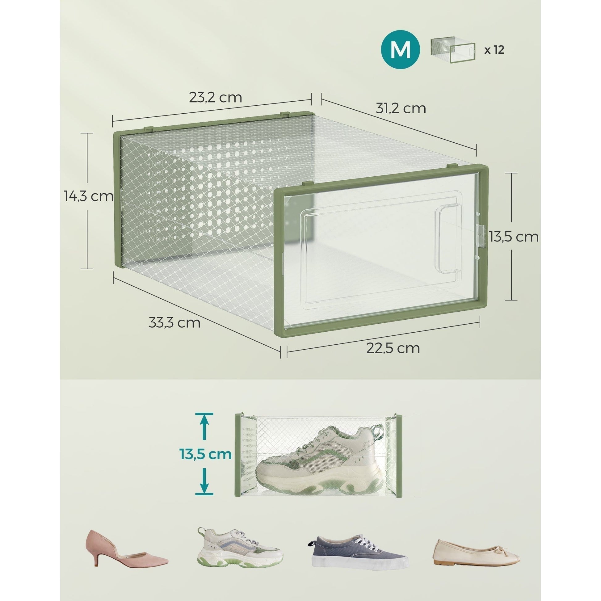 cipősdobozok 12 darabos, egymásra rakható cipőtároló dobozok, babérzöld-SONGMICS-Vita Home