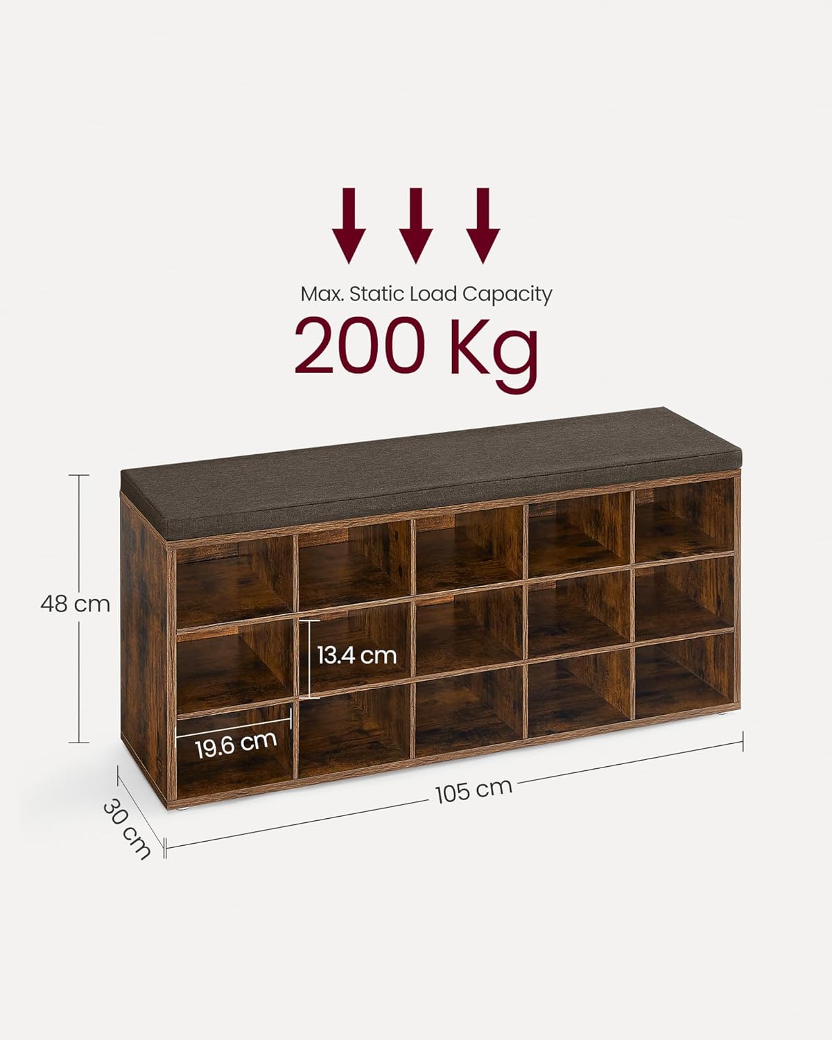 Cipőtartó klupa s jastučićem za sjedenje, dimenzija 30 × 105 × 48 cm, u rustikalnoj smeđoj boji