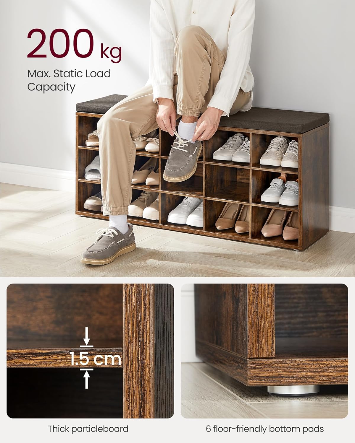 Cipőtartó klupa s jastučićem za sjedenje, dimenzija 30 × 105 × 48 cm, u rustikalnoj smeđoj boji