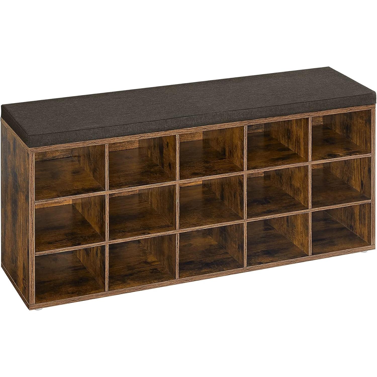 Cipőtartó klupa s jastučićem za sjedenje, dimenzija 30 × 105 × 48 cm, u rustikalnoj smeđoj boji