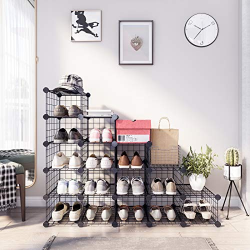 Cipőtartó, moduláris DIY tárolóegység, fémrácsos polcok, fekete-SONGMICS-Vita Home