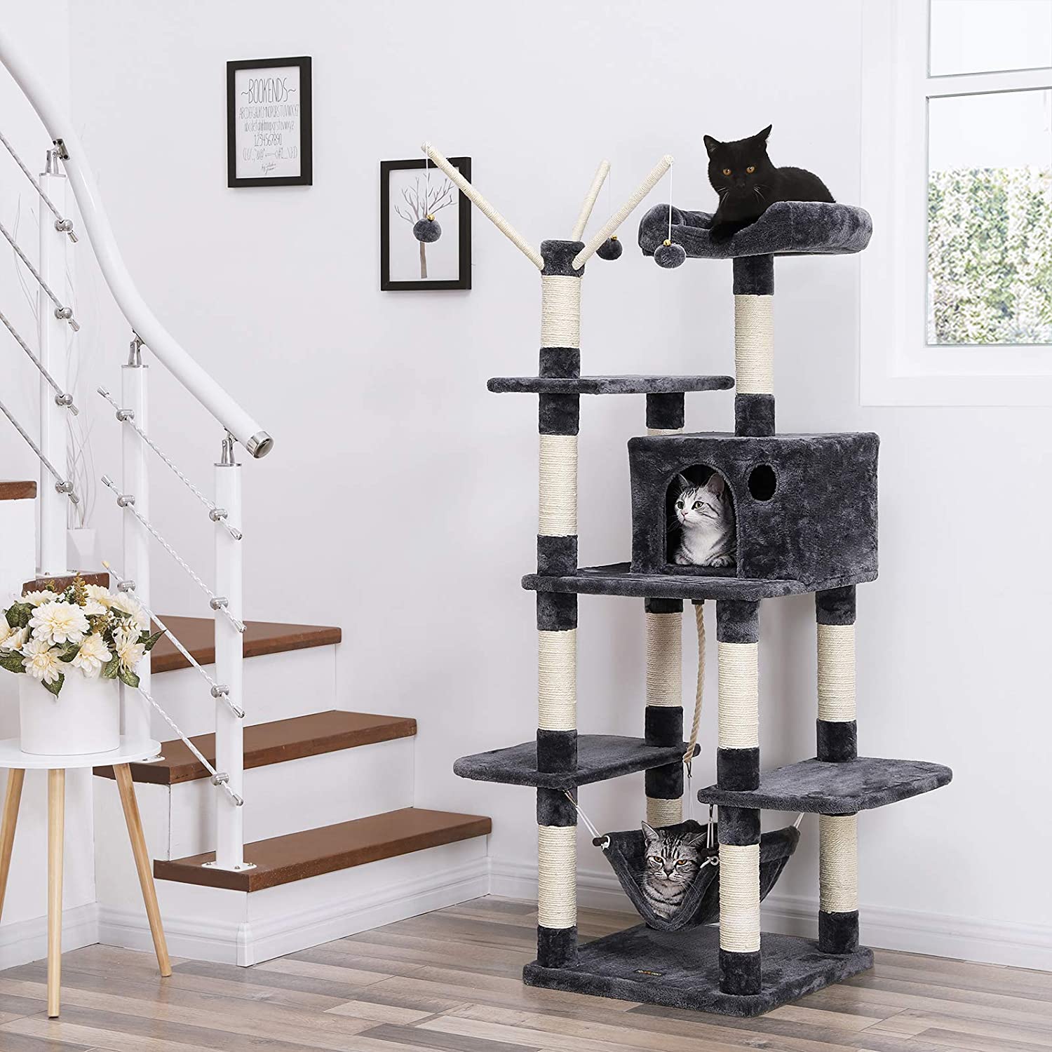 Daska za grebanje, mačje drvo s visećim krevetom 154 cm, siva | FEANDREA-vitahome.hr