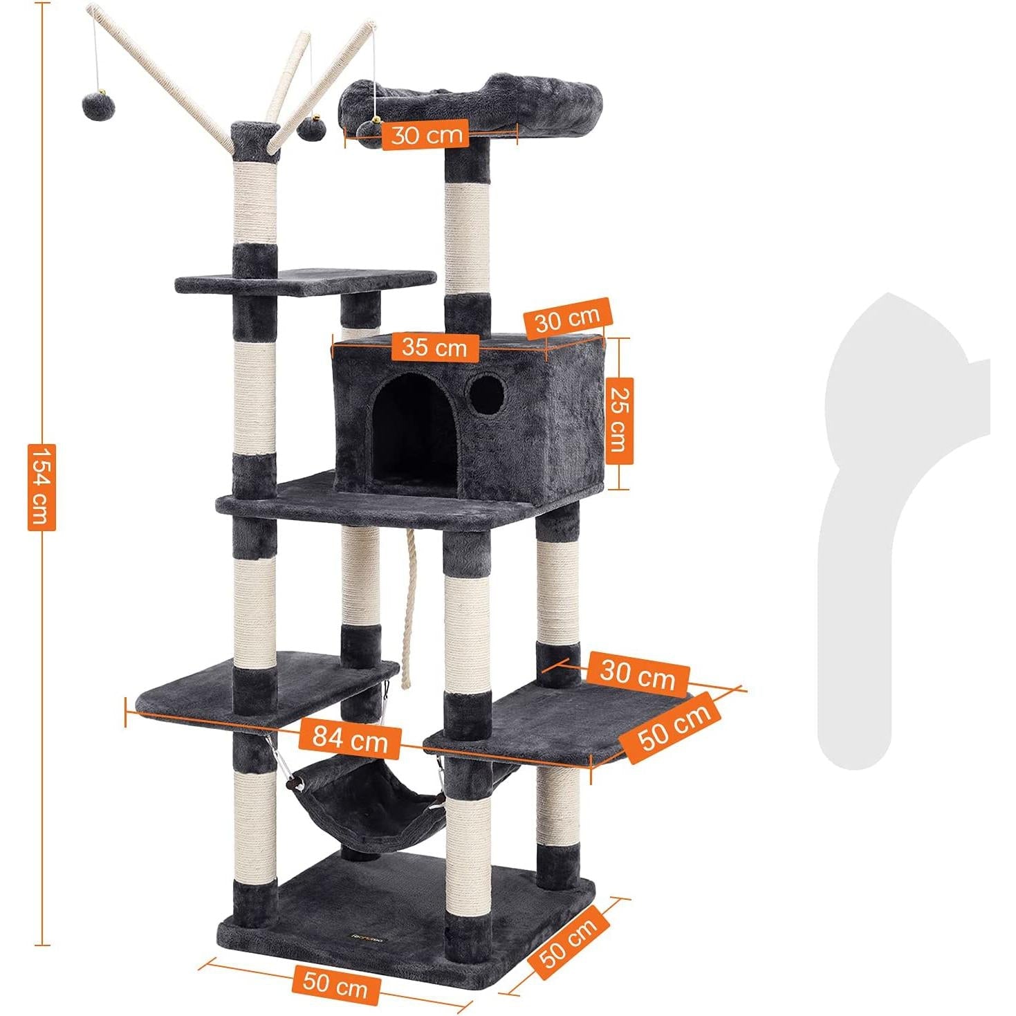 Daska za grebanje, mačje drvo s visećim krevetom 154 cm, siva | FEANDREA-vitahome.hr