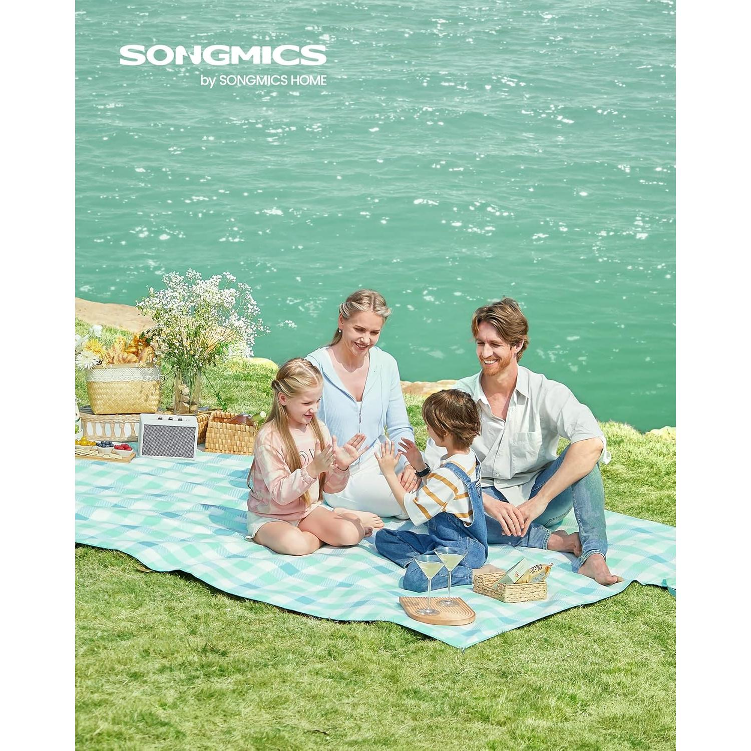 Deka za piknik s 4 klina za pričvršćivanje, 300 x 200 cm, zelene i bijele boje | SONGMICS-vitahome.hr