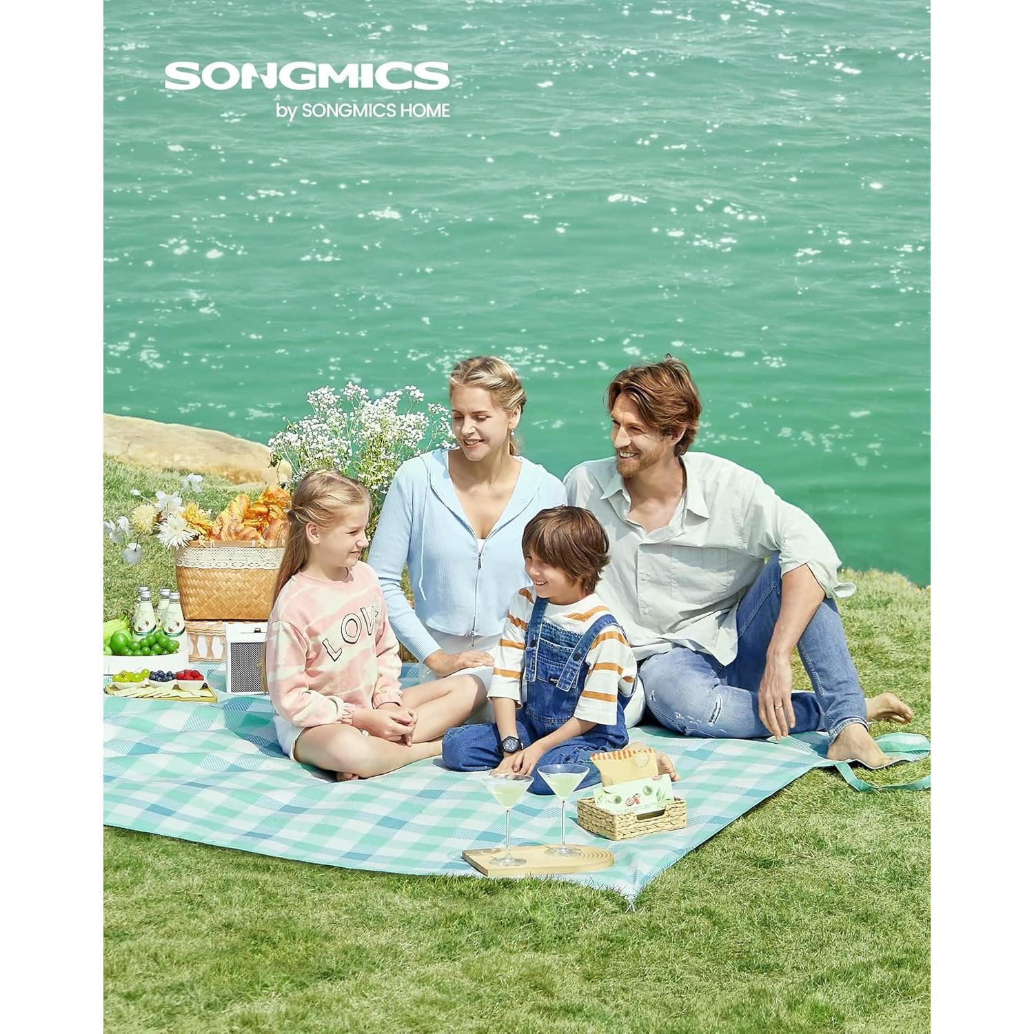 Deka za piknik s 4 klina za učvršćivanje, 200 x 200 cm, zelene i bijele boje | SONGMICS-vitahome.hr