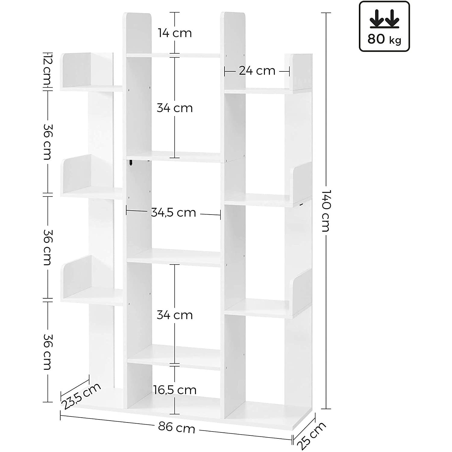Drvena polica za knjige s 13 odjeljaka, 86 x 140 x 25 cm, bijela | VASAGLE-vitahome.hr