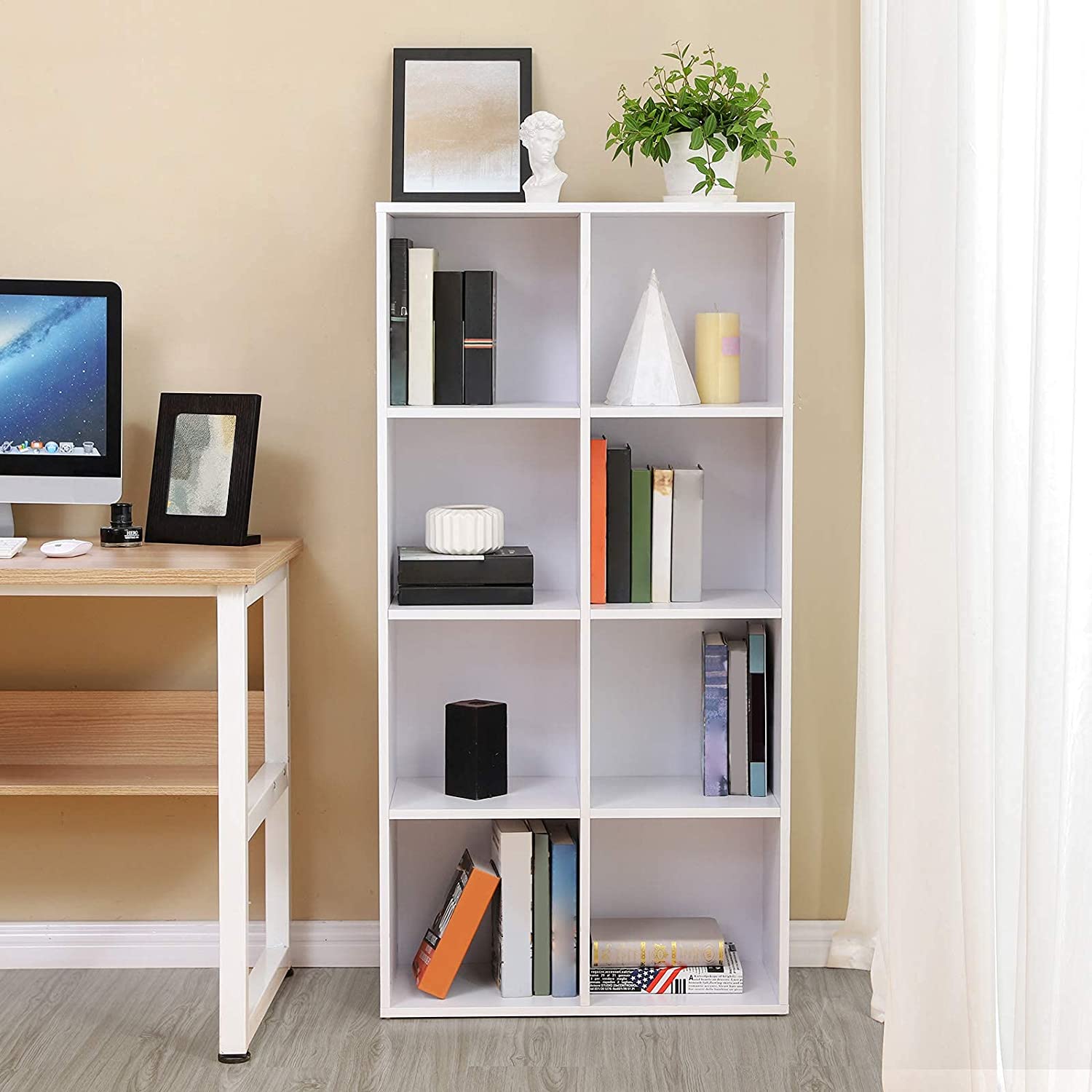Drvena polica za knjige s 8 odjeljaka 30 x 65.5 x 129,5 cm, bijela boja | VASAGLE-vitahome.hr