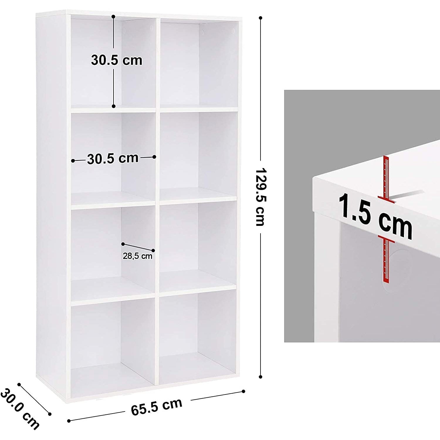 Drvena polica za knjige s 8 odjeljaka 30 x 65.5 x 129,5 cm, bijela boja | VASAGLE-vitahome.hr