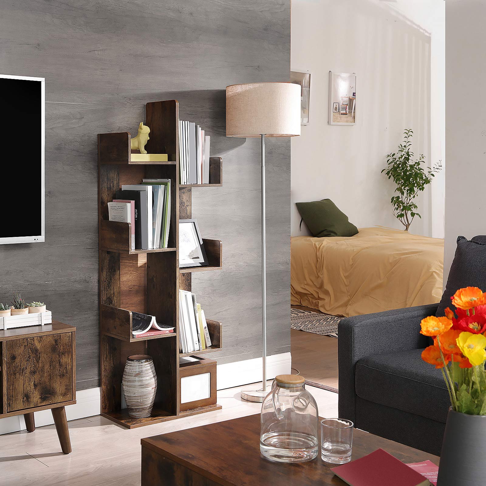 Drvena polica za knjige, stojeća polica s 8 pretinaca, 50 x 25 x 140 cm, smeđa | VASAGLE-vitahome.hr