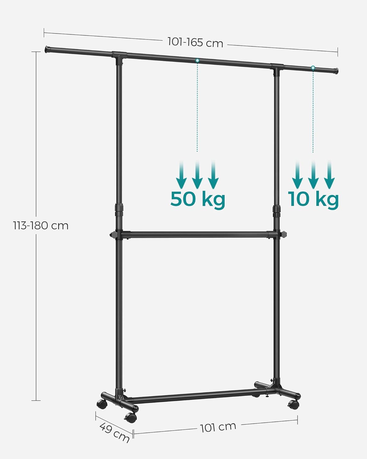 Dupli garderober s podesivom gornjom šipkom, s kotačićima, 113-180 cm, crni