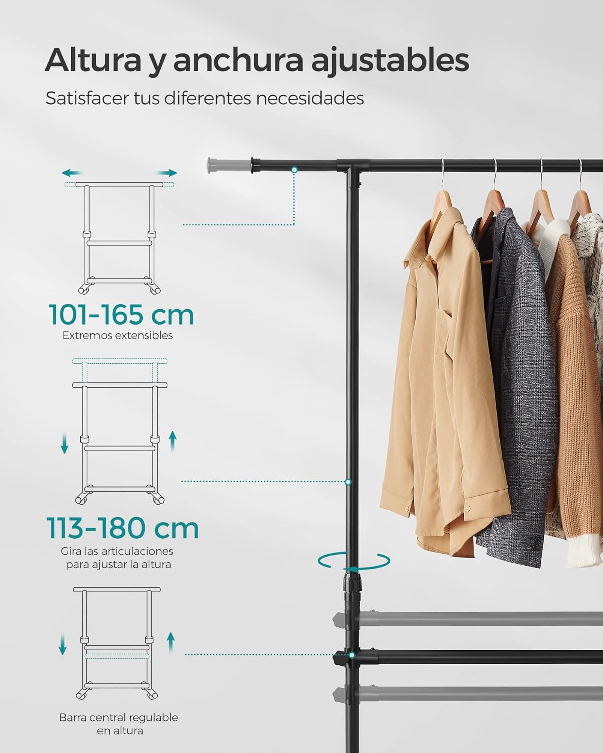Dupli garderober s podesivom gornjom šipkom, s kotačićima, 113-180 cm, crni