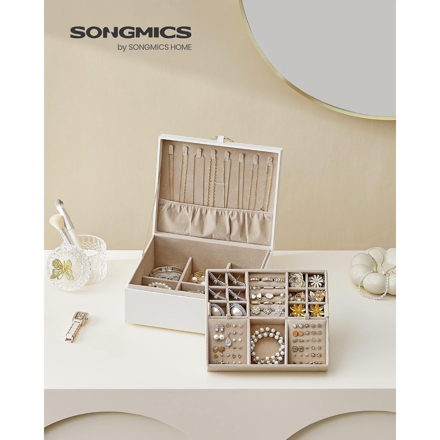 Dvoslojna kutija za nakit s uklonjivom ladicom, 20,5x24x11 cm, boja slonovače | SONGMICS-vitahome.hr