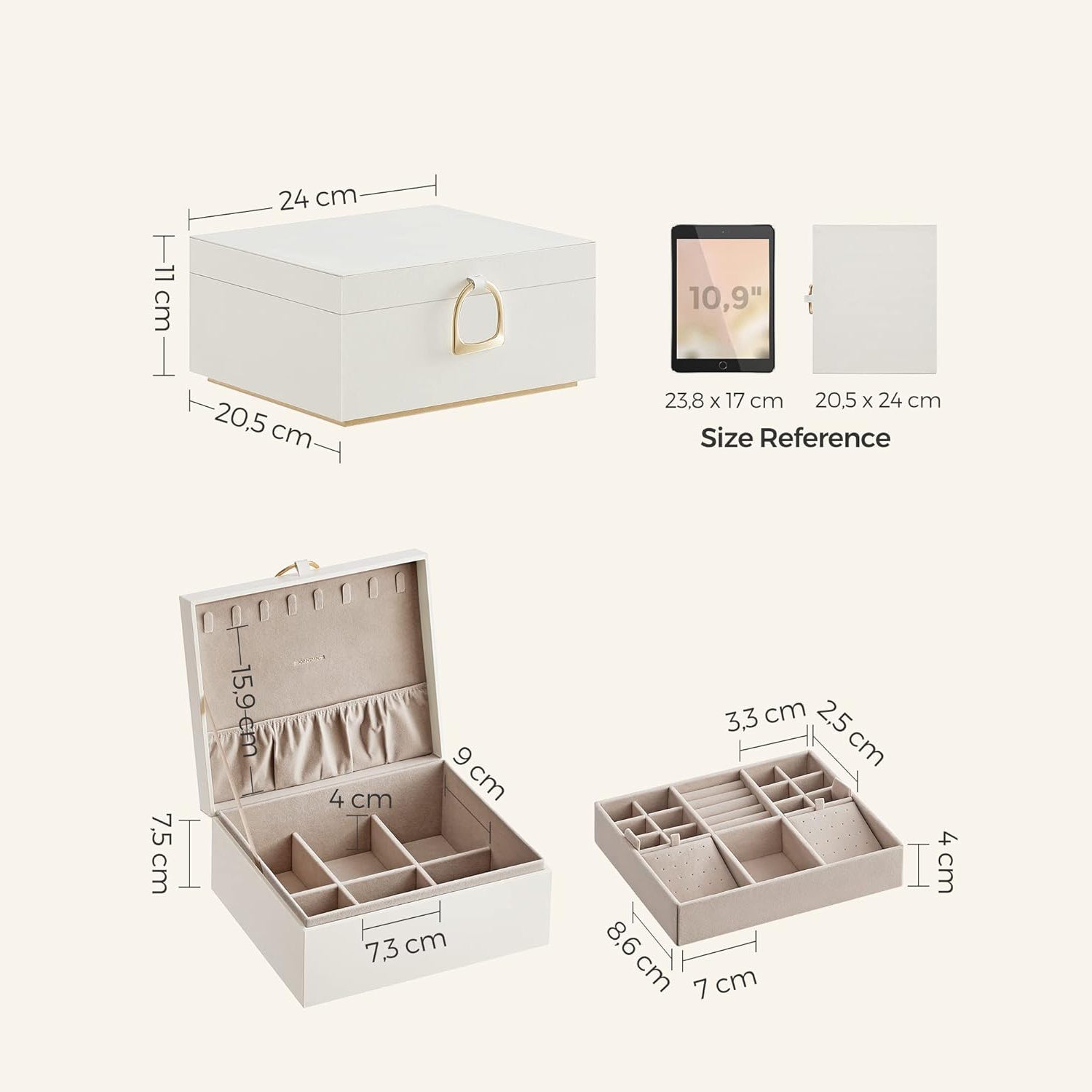 Dvoslojna kutija za nakit s uklonjivom ladicom, 20,5x24x11 cm, boja slonovače | SONGMICS-vitahome.hr