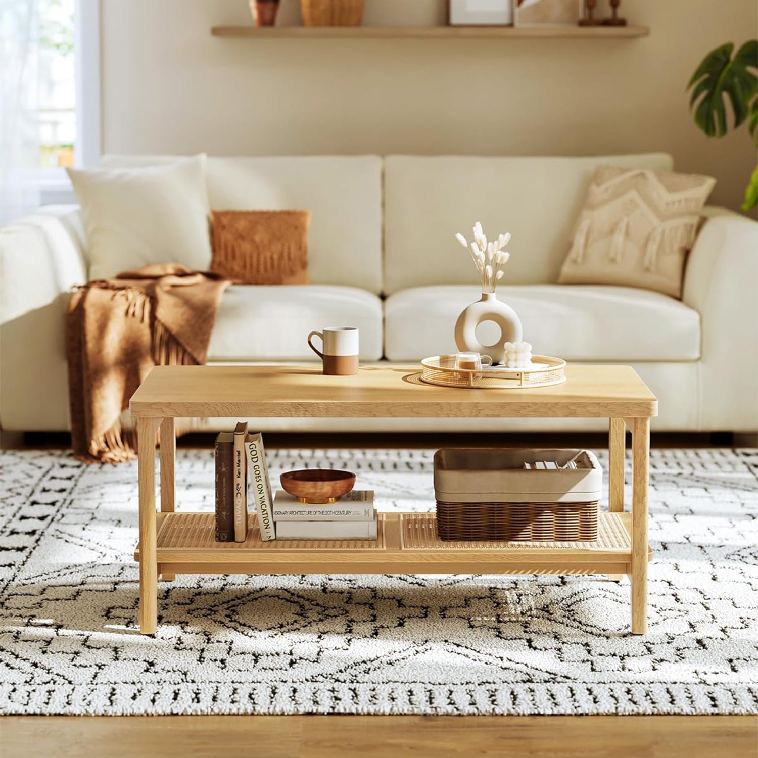 Dvoslojni stolić za kavu s prostorom za odlaganje, boho stil, bež hrast | VASAGLE-vitahome.hr