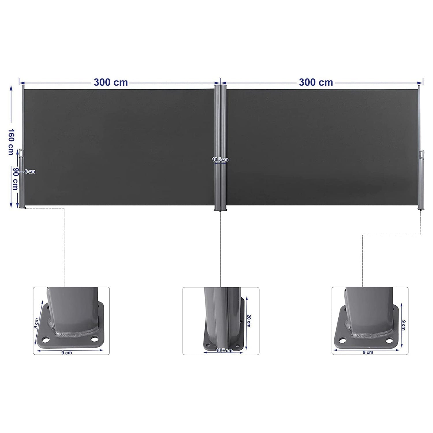 Dvostrana, razvlačna tenda 160 x 600 cm, siva | SONGMICS-vitahome.hr