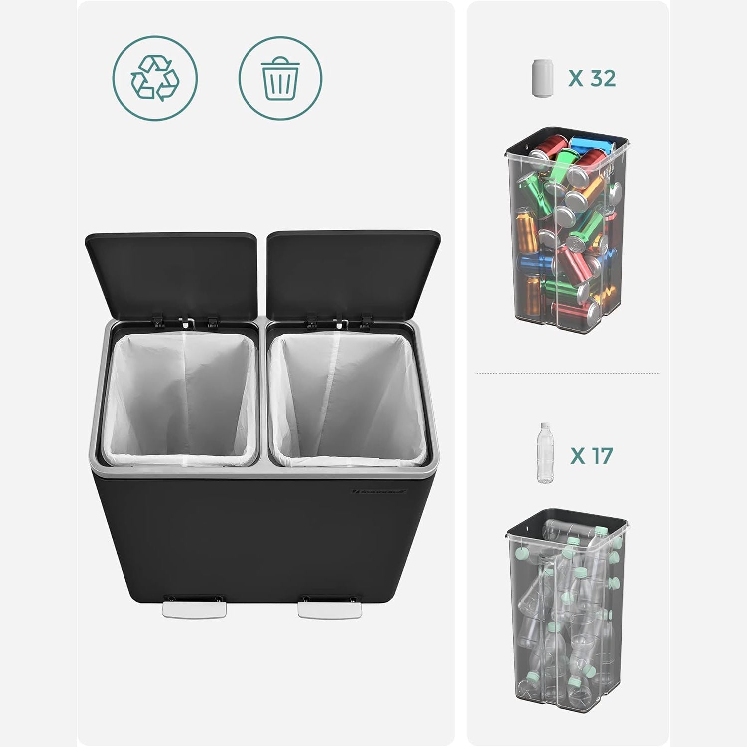 Dvostruka kanta za smeće, 2 x 24 litre, kuhinjska kanta za smeće, crna | SONGMICS-vitahome.hr